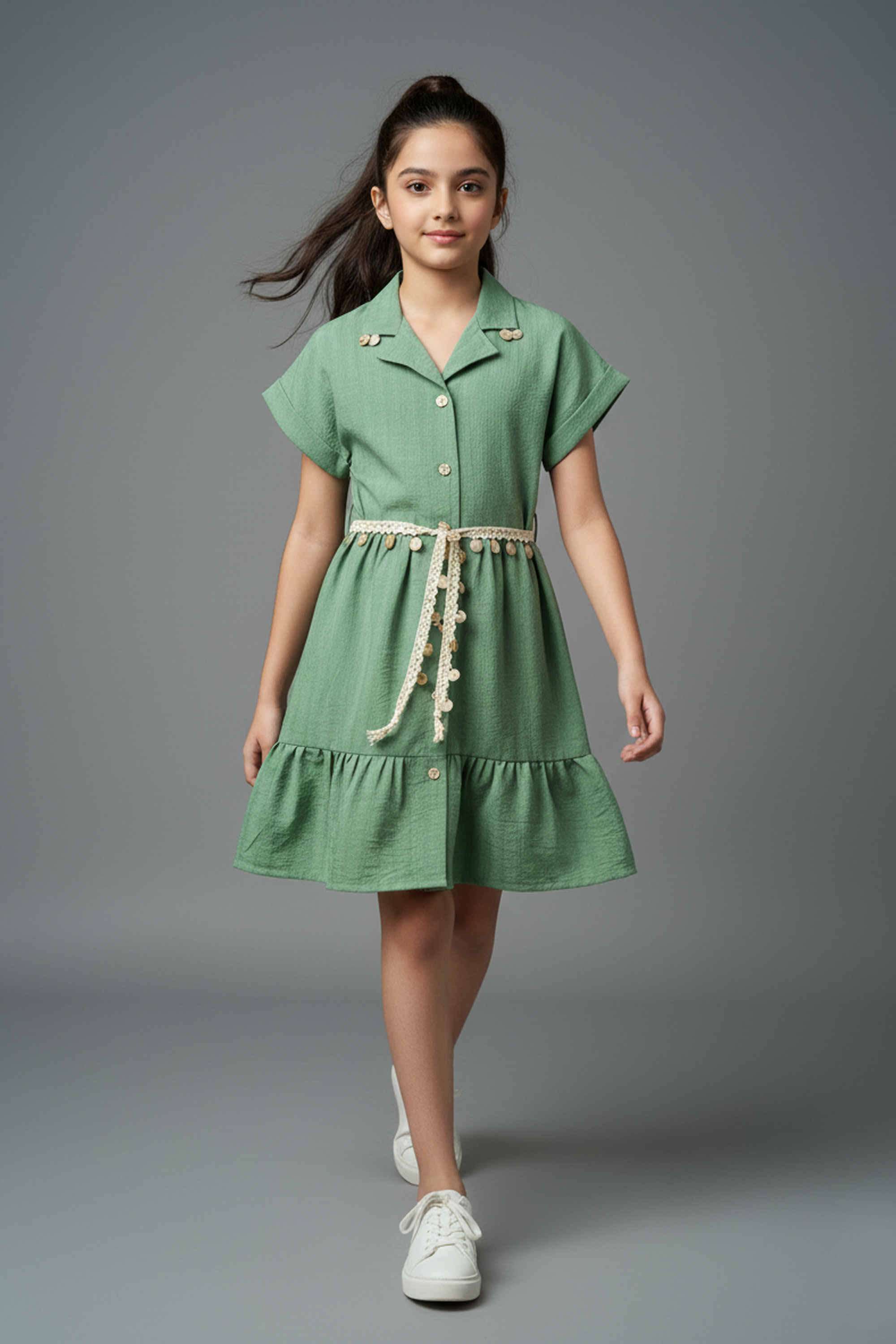 Solid-Blended-Fabric-Collared-Girls-Casual-Wear-Dress