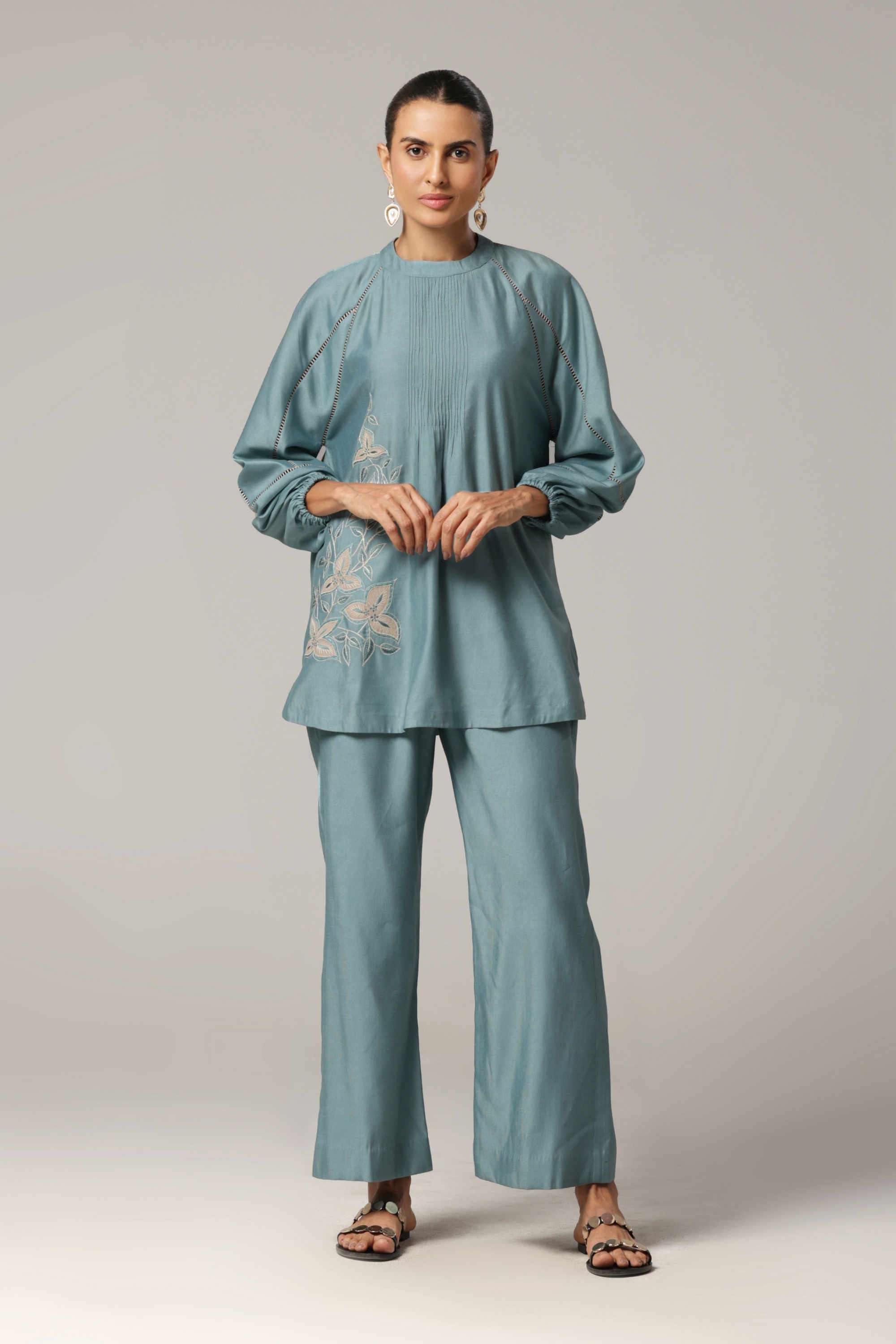 Embroidered-Satin-Collared-Women-s-Casual-Wear-Co-Ord-Set
