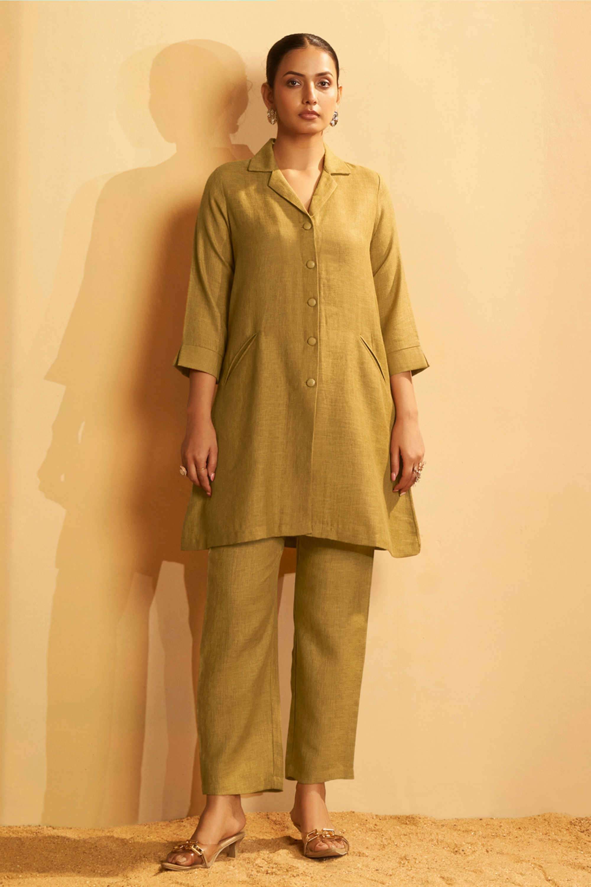 Solid-Linen-Blend-Collared-Women-s-Casual-Wear-Co-Ord-Set