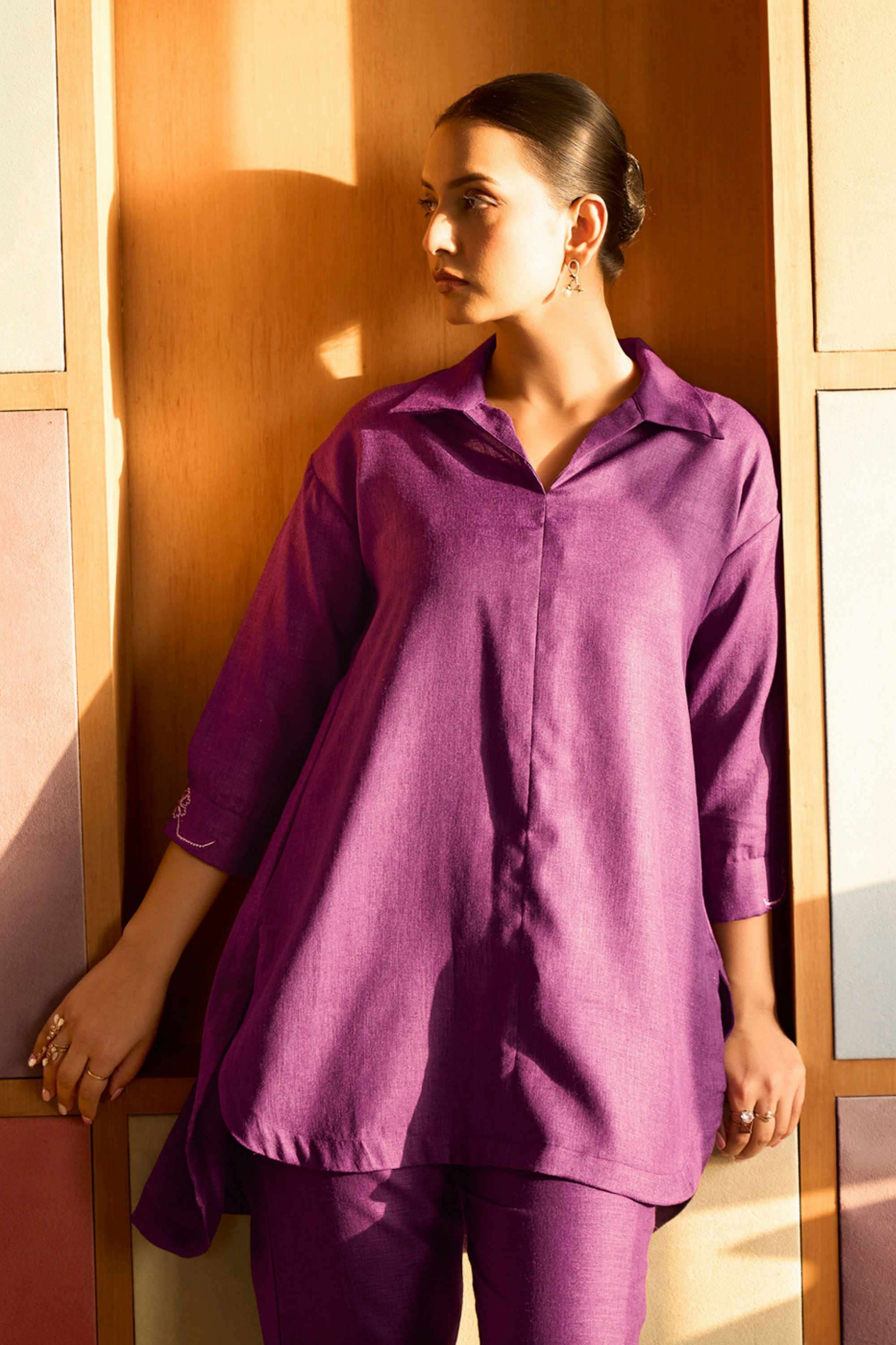 Buy Truly SMA Purple Solid Linen Blend Collared Women's Casual