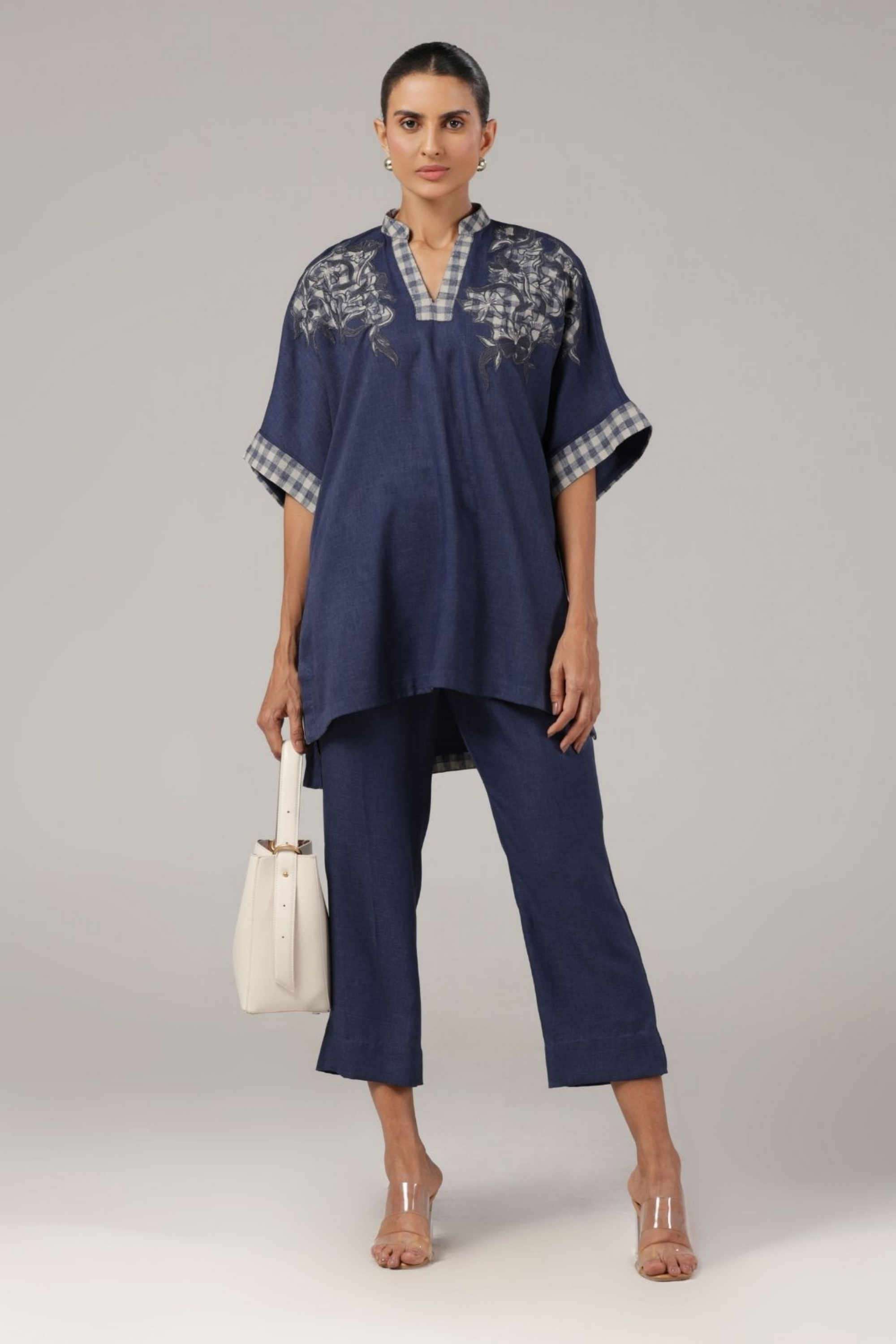 Embroidered-Linen-Blend-Collared-Women-s-Casual-Wear-Co-Ord-Set