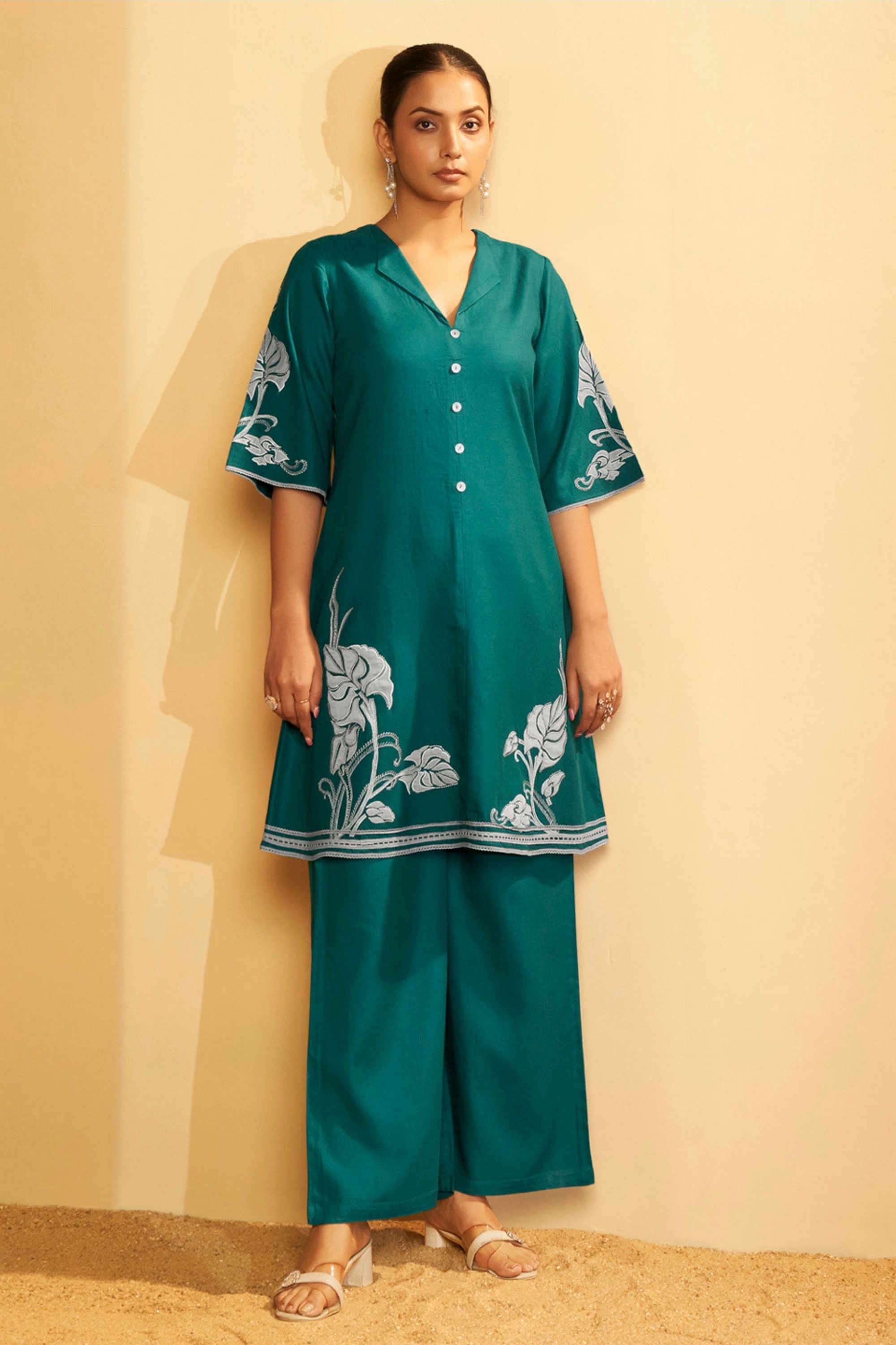 Embroidered-Cotton-V-Neck-Women-s-Casual-Wear-Co-Ord-Set