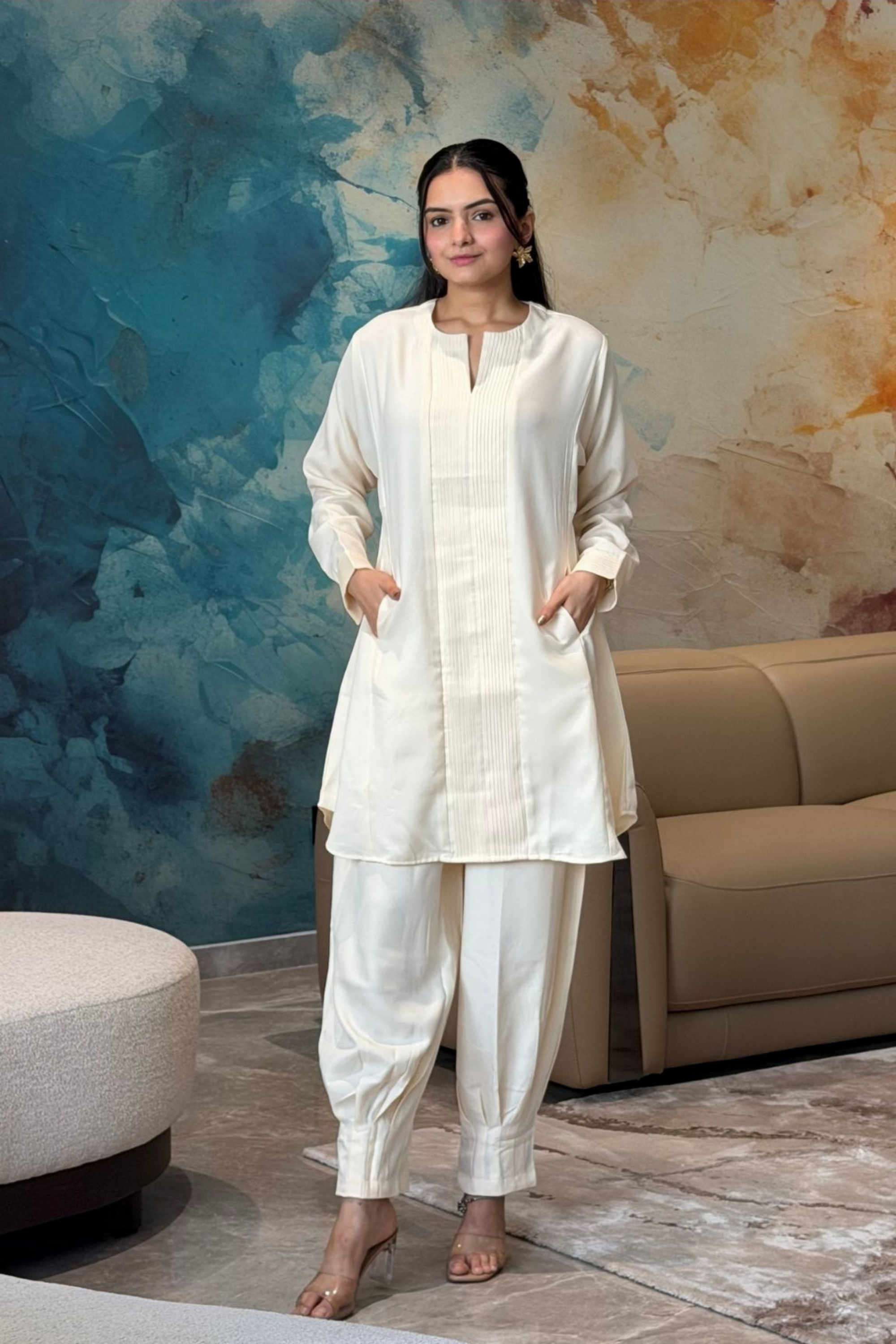 Solid-Cotton-Blend-Round-Neck-Women-s-Casual-Wear-Kurta-Set