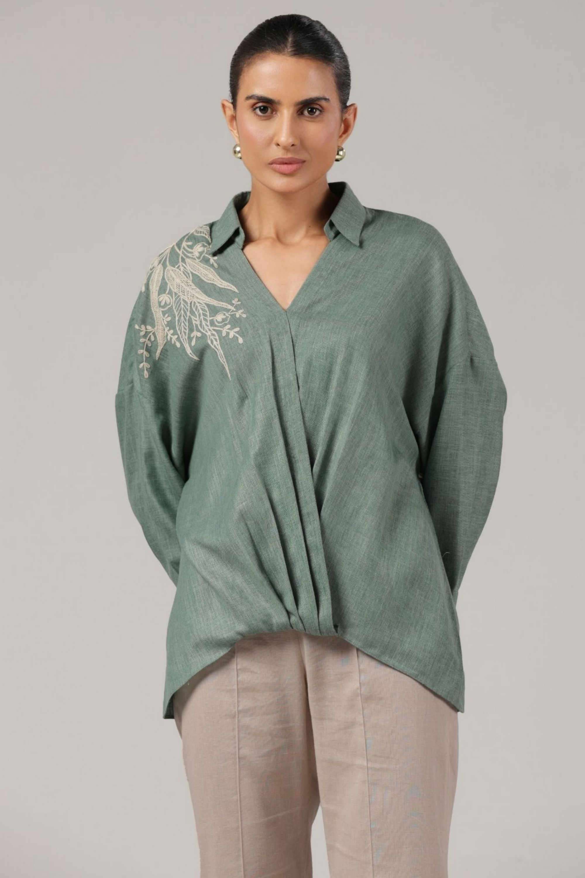 Embroidered-Linen-Blend-Collared-Women-s-Top