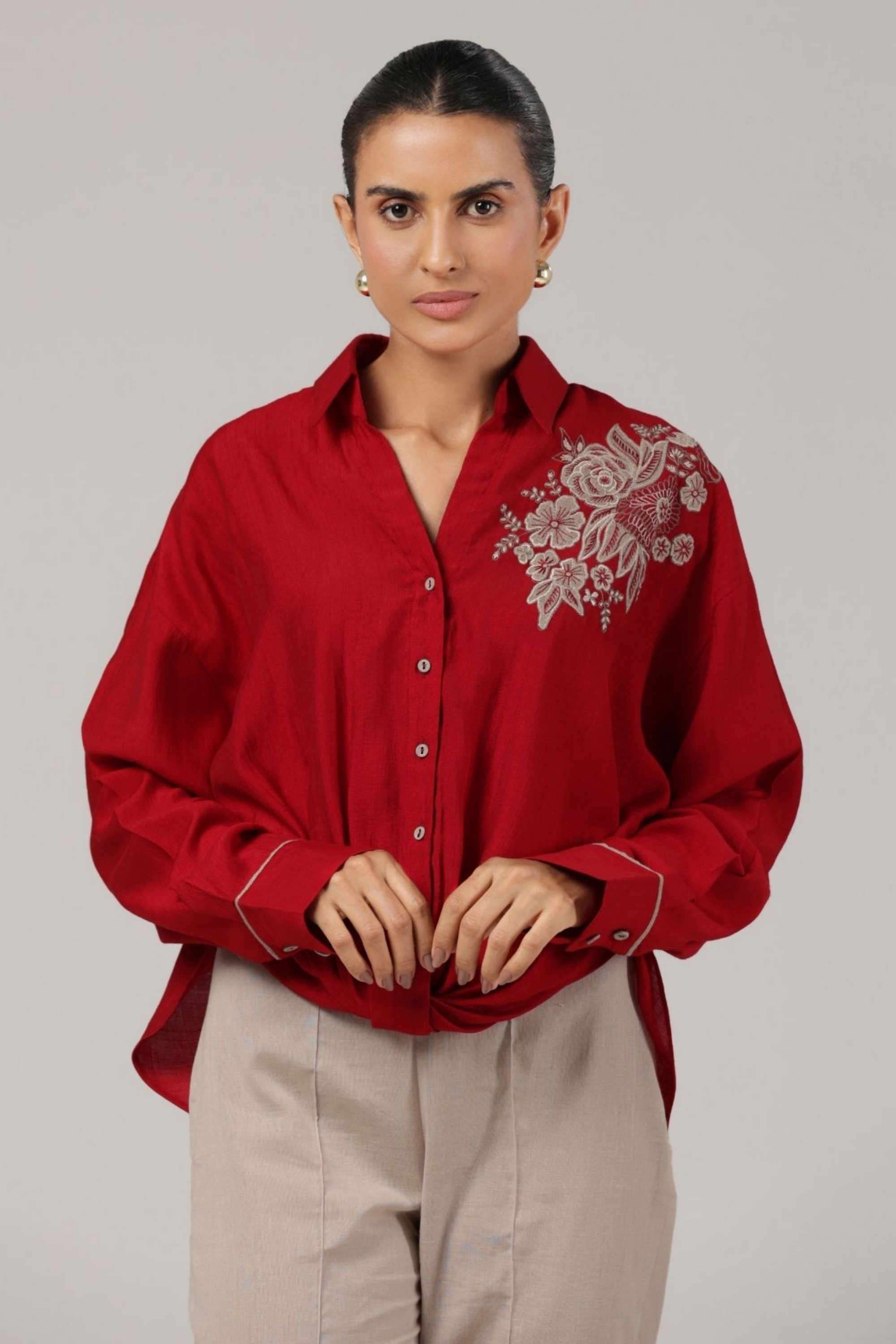 Embroidered-Linen-Blend-Collared-Women-s-Top