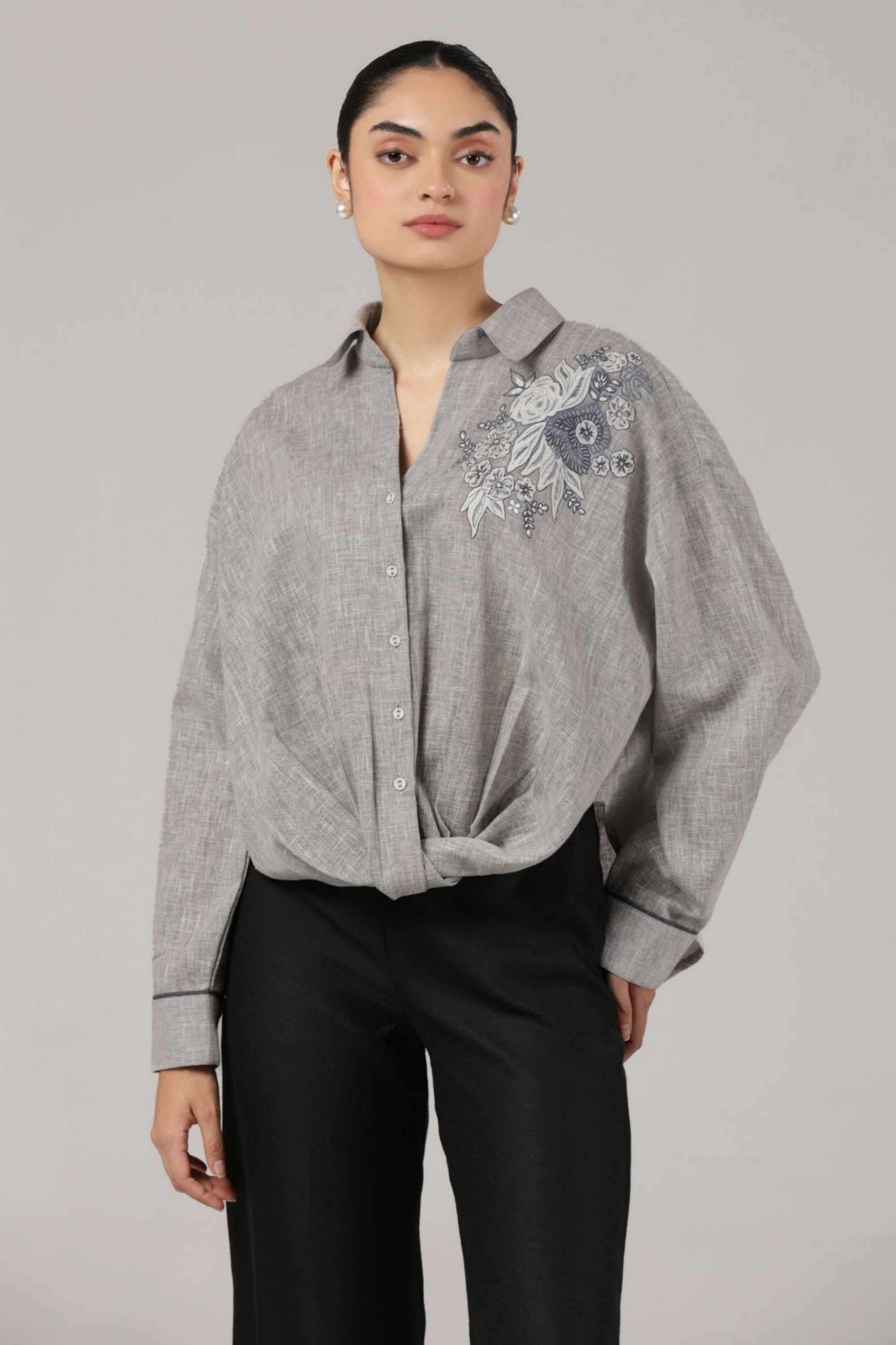 Embroidered-Linen-Blend-Collared-Women-s-Top