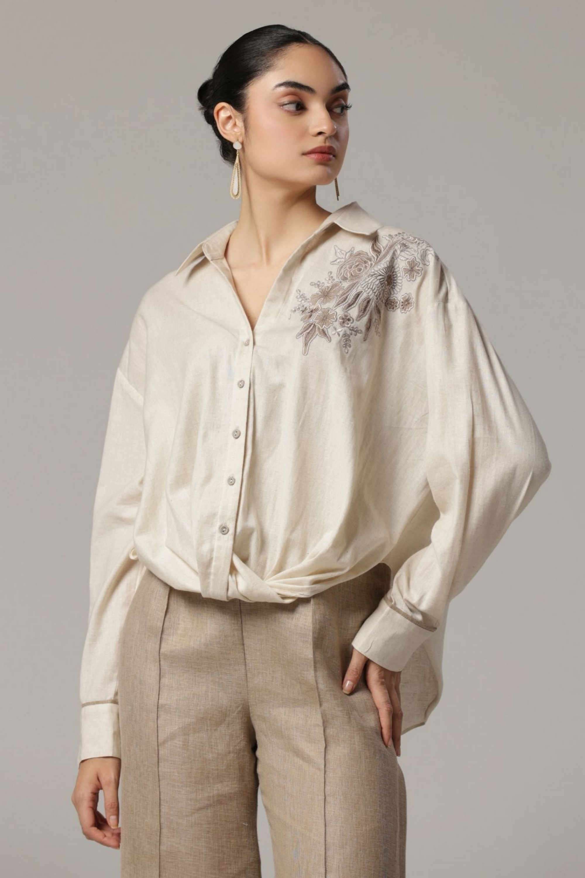 Embroidered-Linen-Blend-Collared-Women-s-Top