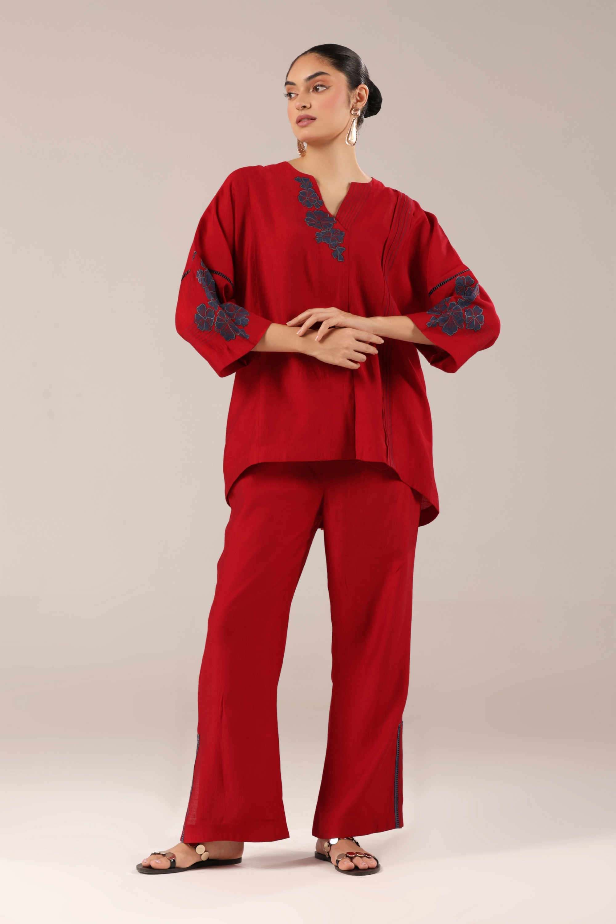 Embroidered-Cotton-V-Neck-Women-s-Casual-Wear-Co-Ord-Set