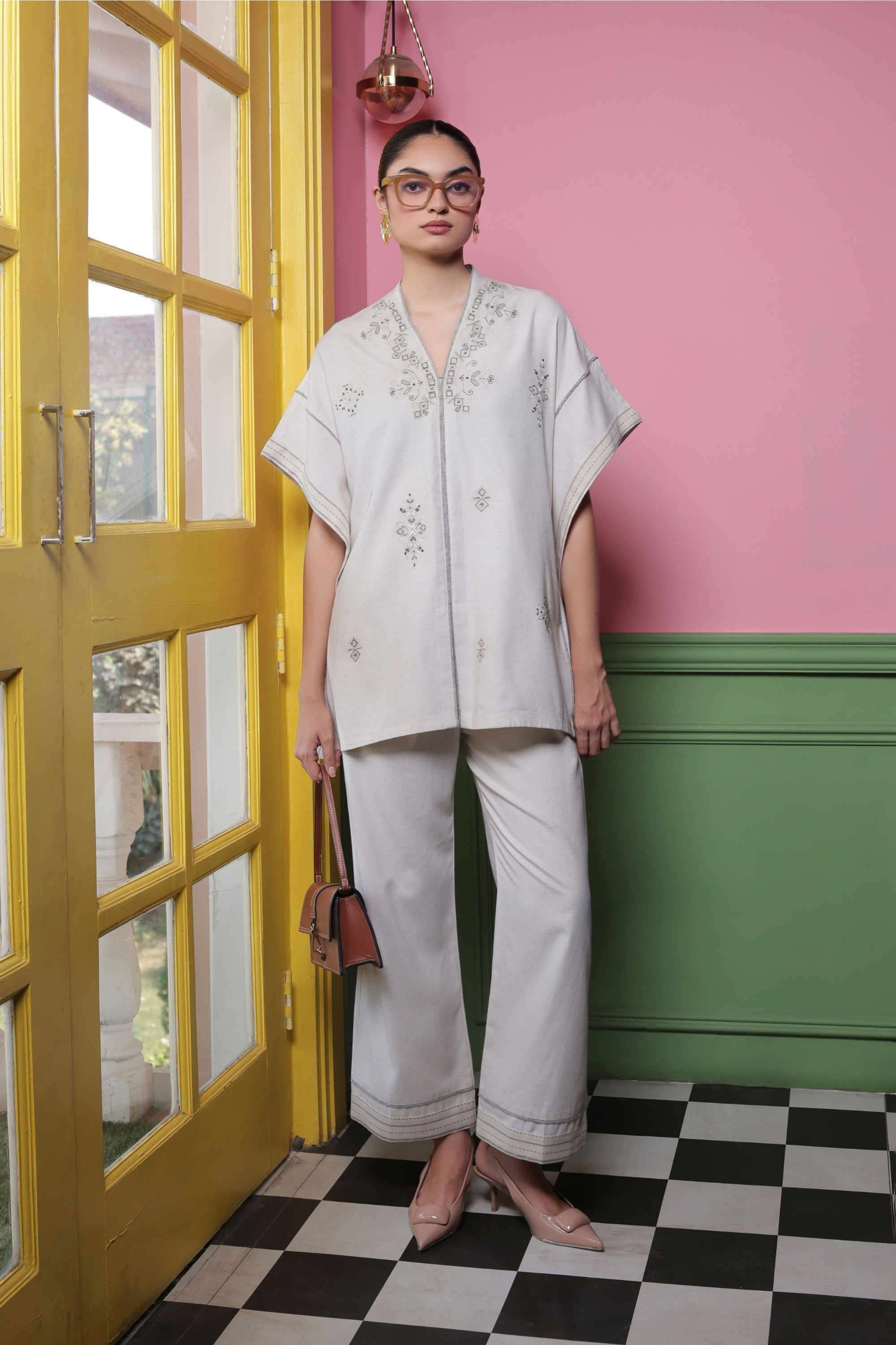 Embroidered-Linen-Blend-V-Neck-Women-s-Casual-Wear-Co-Ord-Set