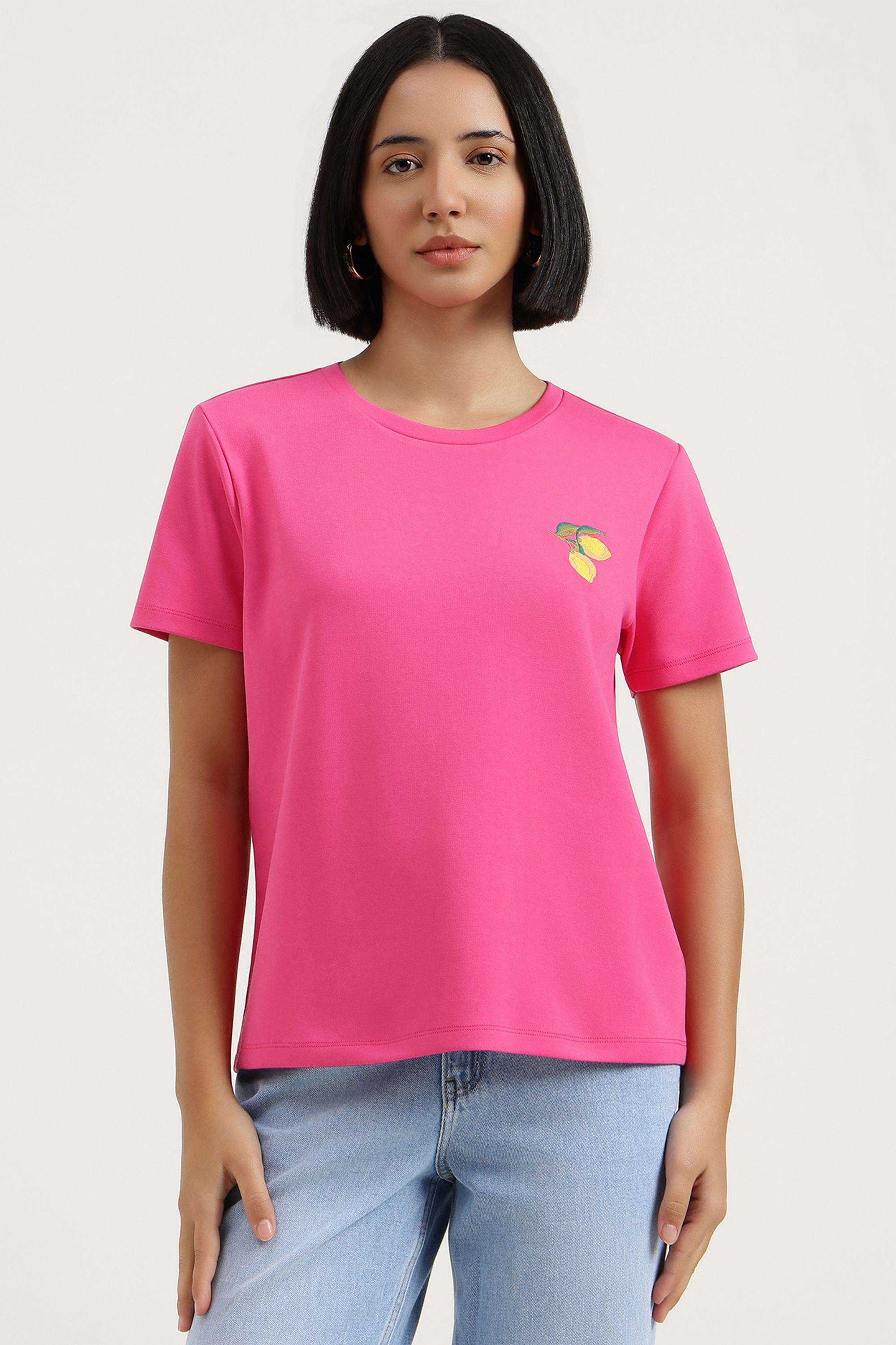 Solid-Blended-Fabric-Round-Neck-Women-s-T-Shirt