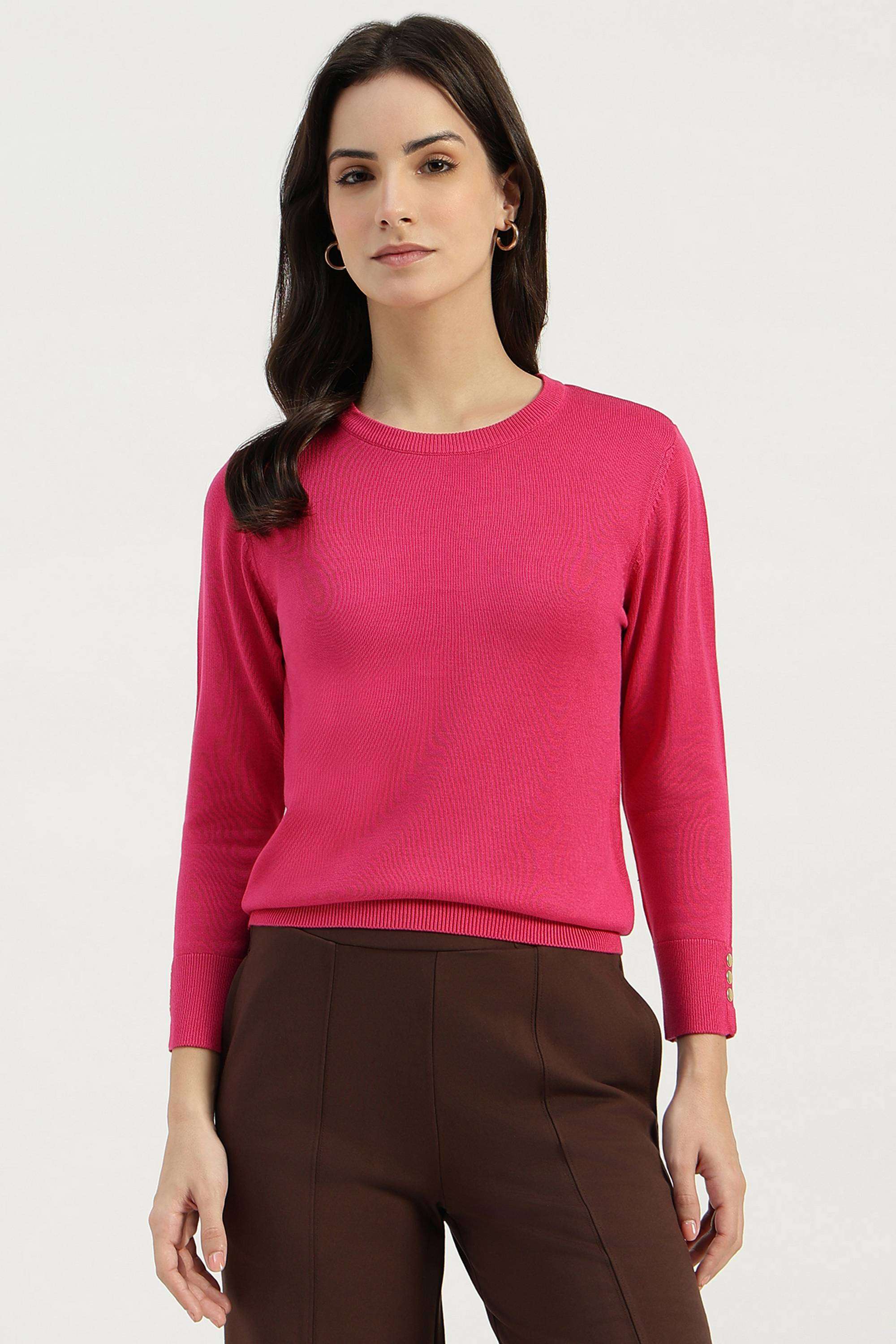 Solid-Blended-Fabric-Round-Neck-Women-s-Top
