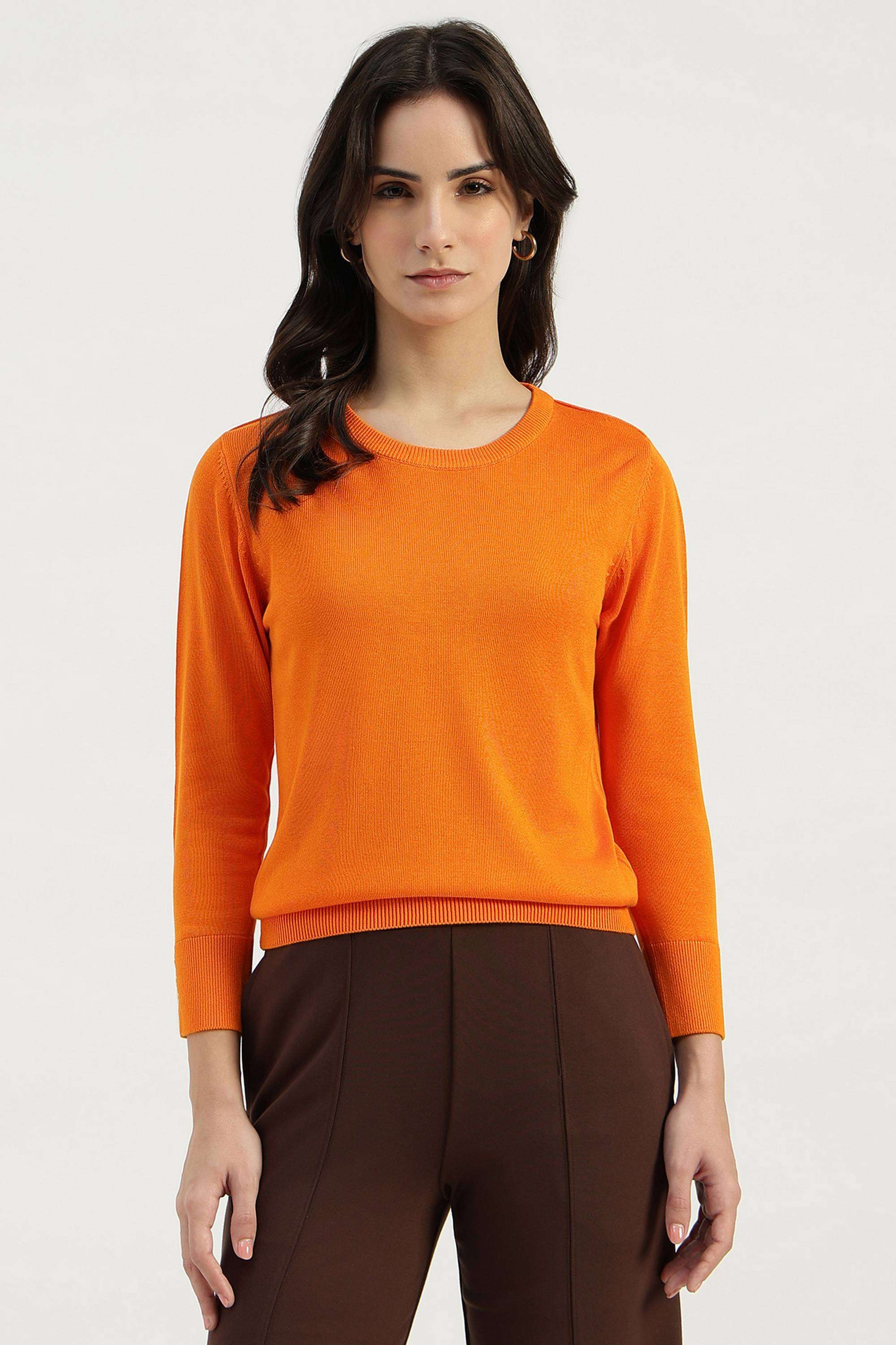 Solid-Blended-Fabric-Round-Neck-Women-s-Top