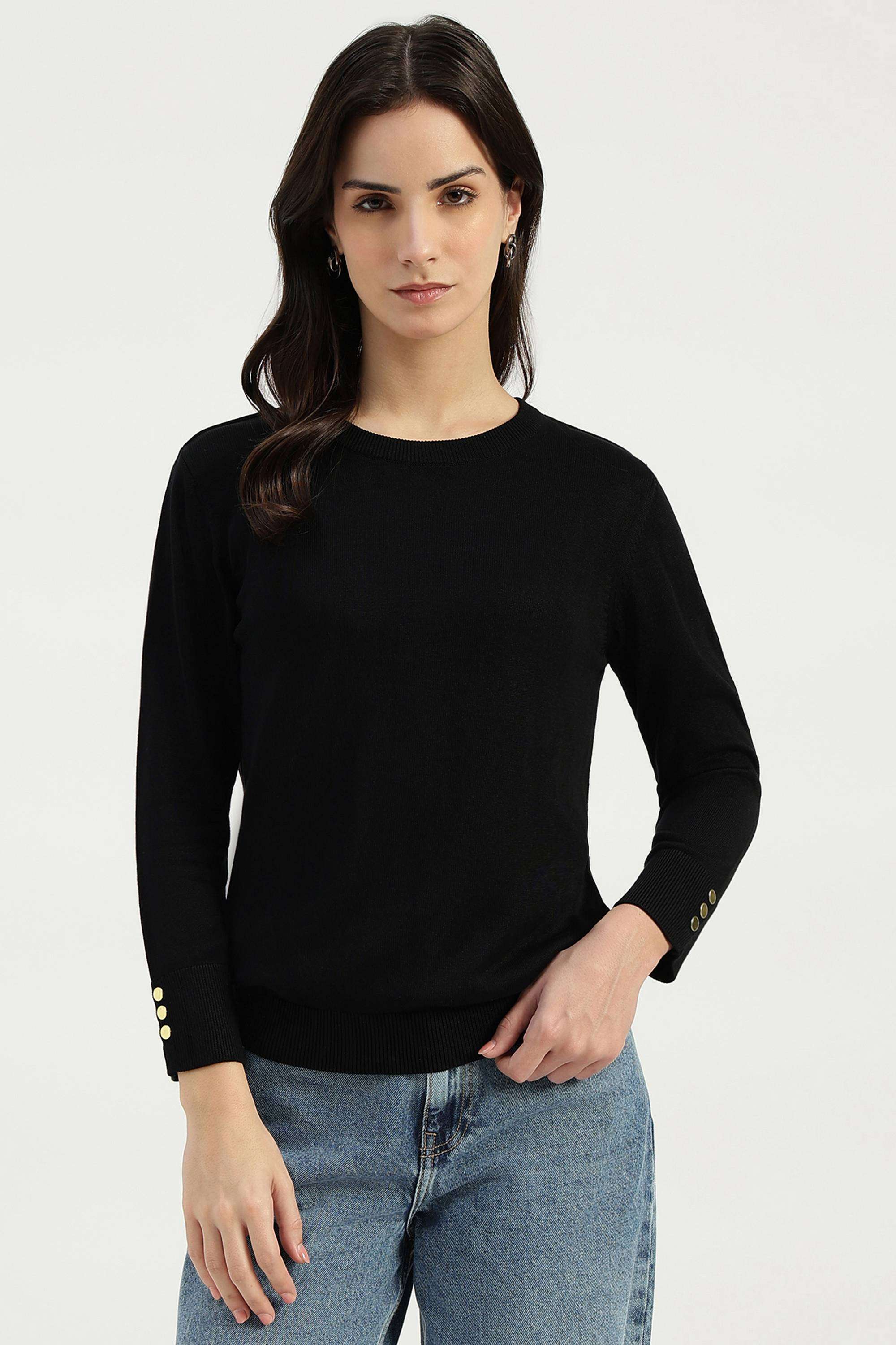 Solid-Blended-Fabric-Round-Neck-Women-s-Top