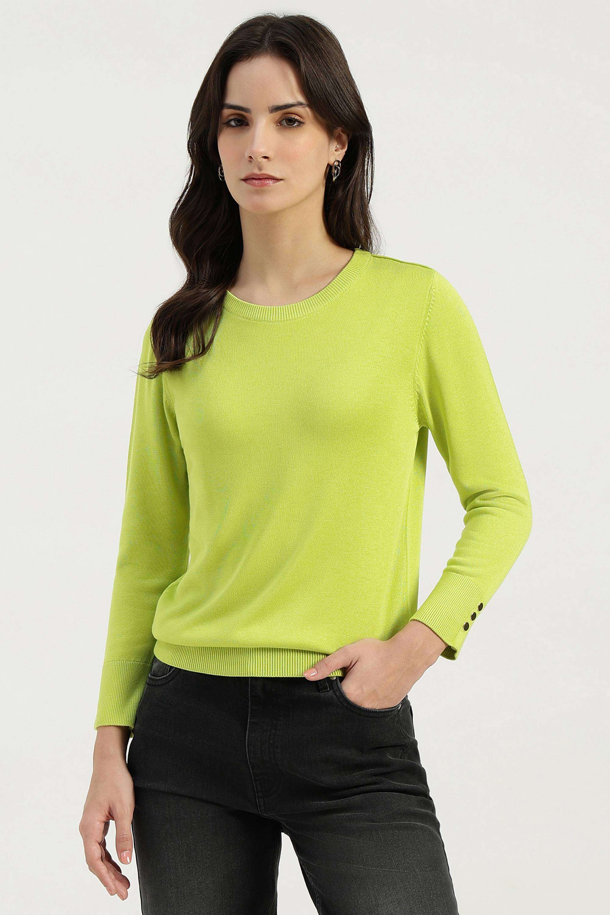 Solid-Blended-Fabric-Round-Neck-Women-s-Top