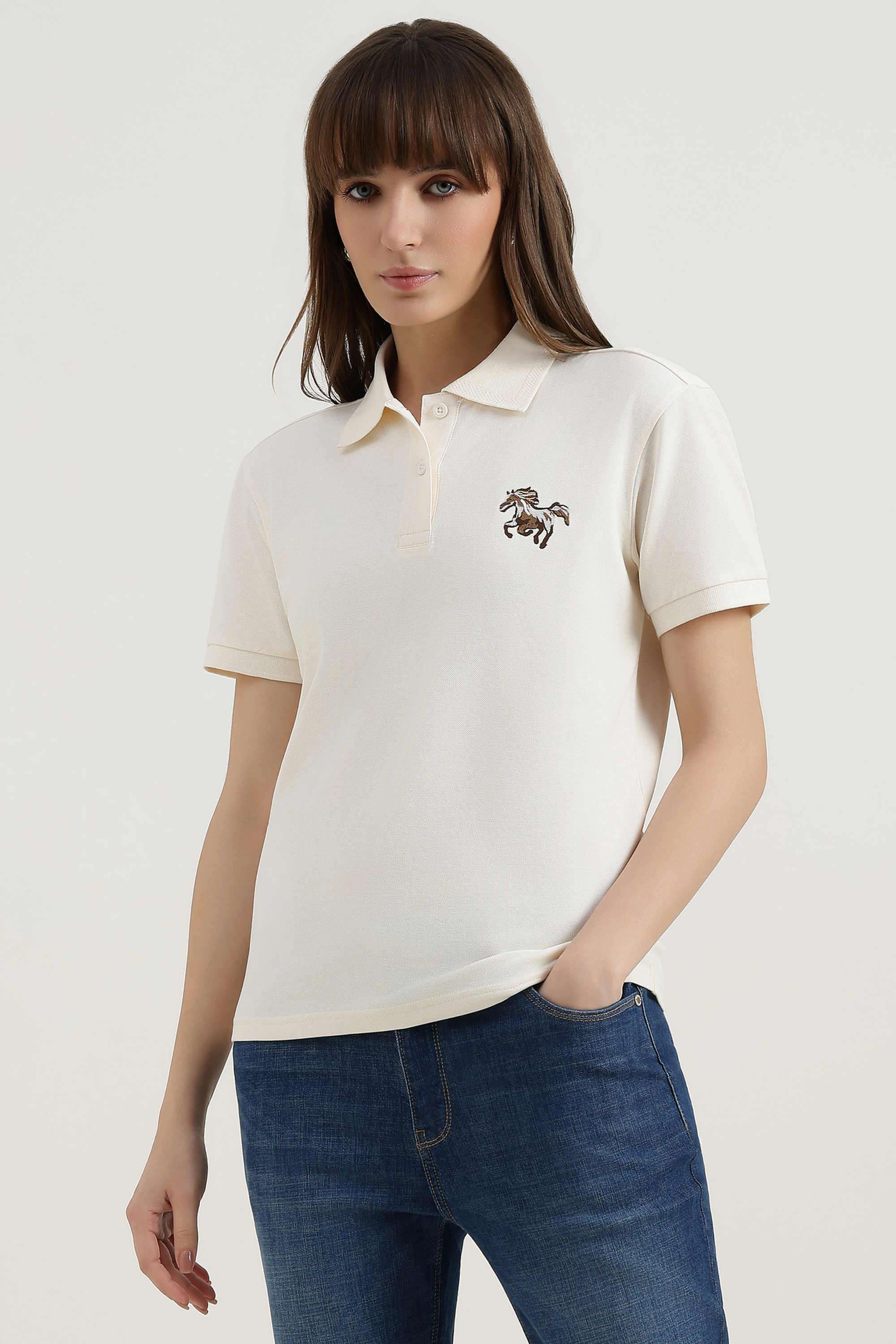 Solid-Blended-Fabric-Polo-Women-s-T-Shirt