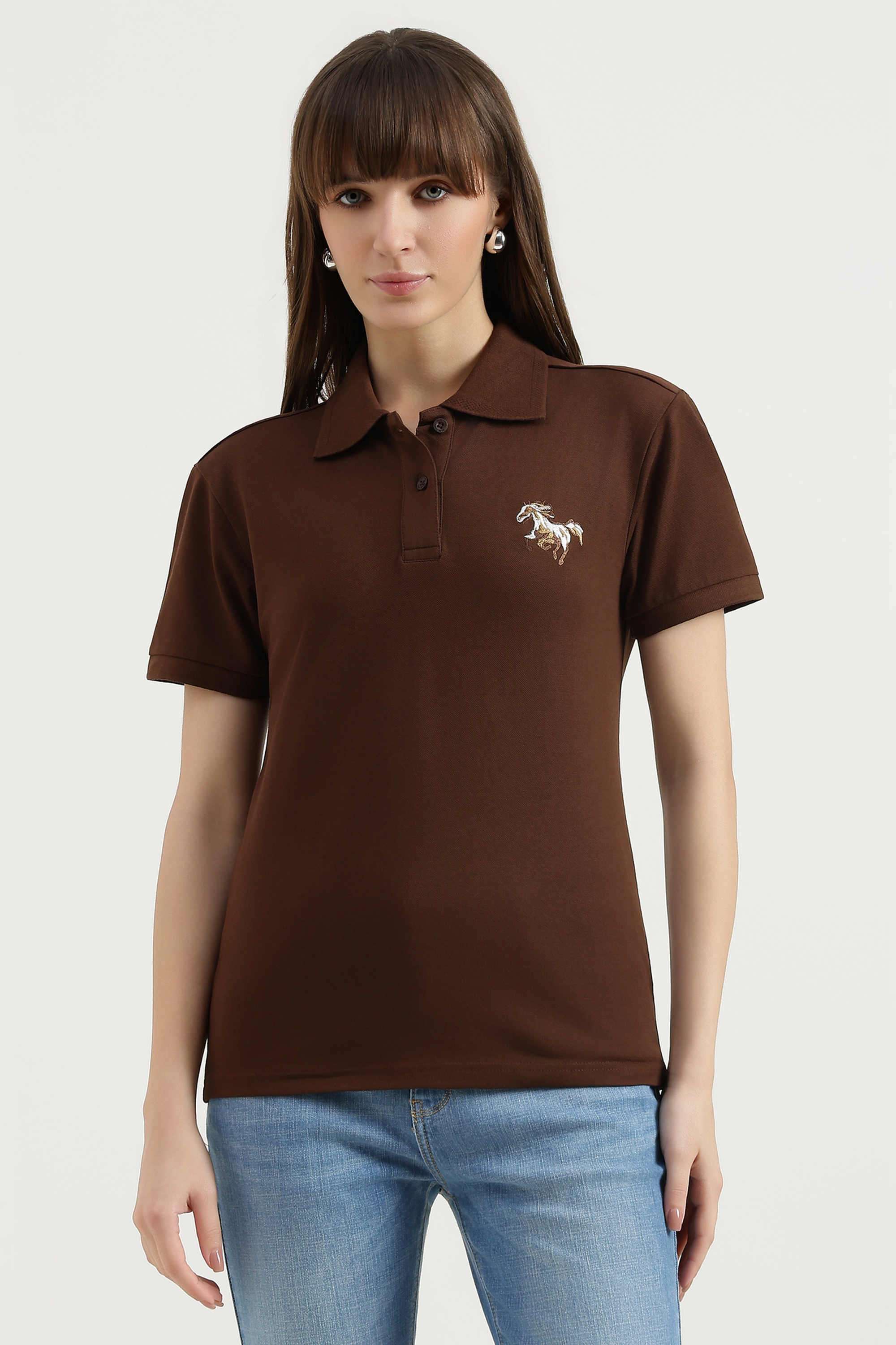 Solid-Blended-Fabric-Polo-Women-s-T-Shirt