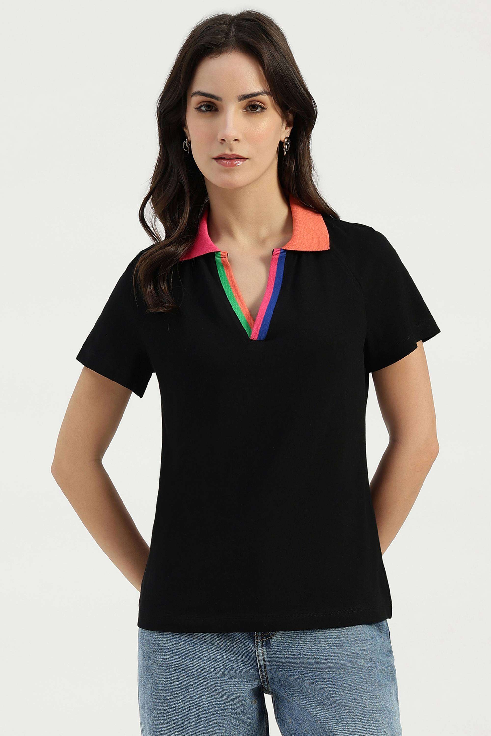 Solid-Blended-Fabric-Collared-Women-s-T-Shirt