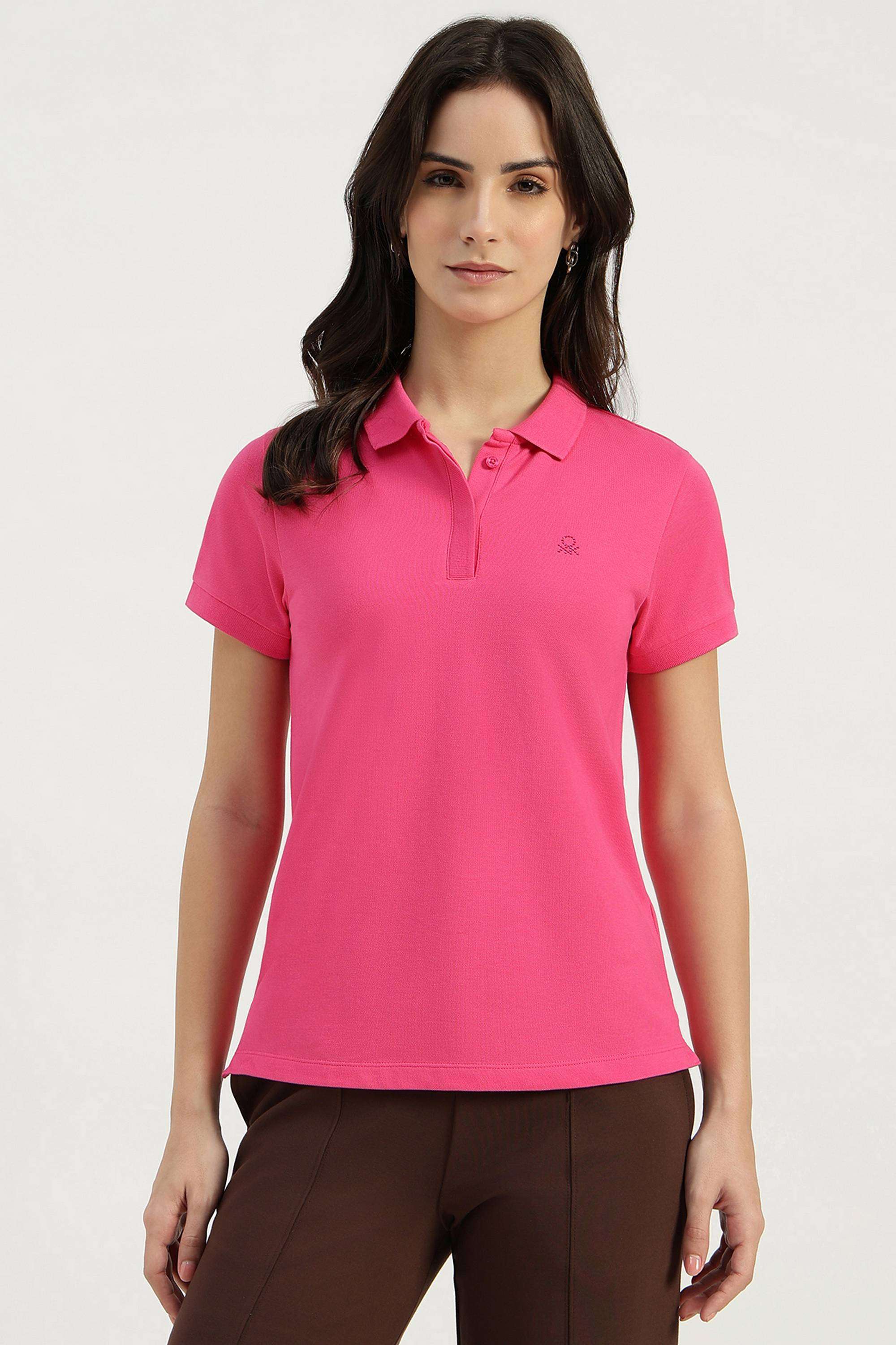 Solid-Blended-Fabric-Polo-Women-s-T-Shirt