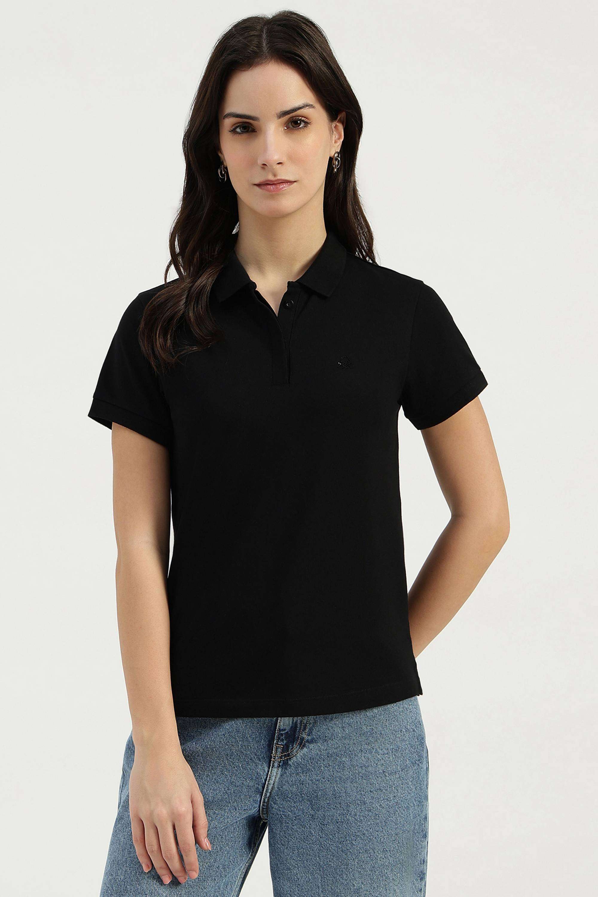 Solid-Blended-Fabric-Polo-Women-s-T-Shirt