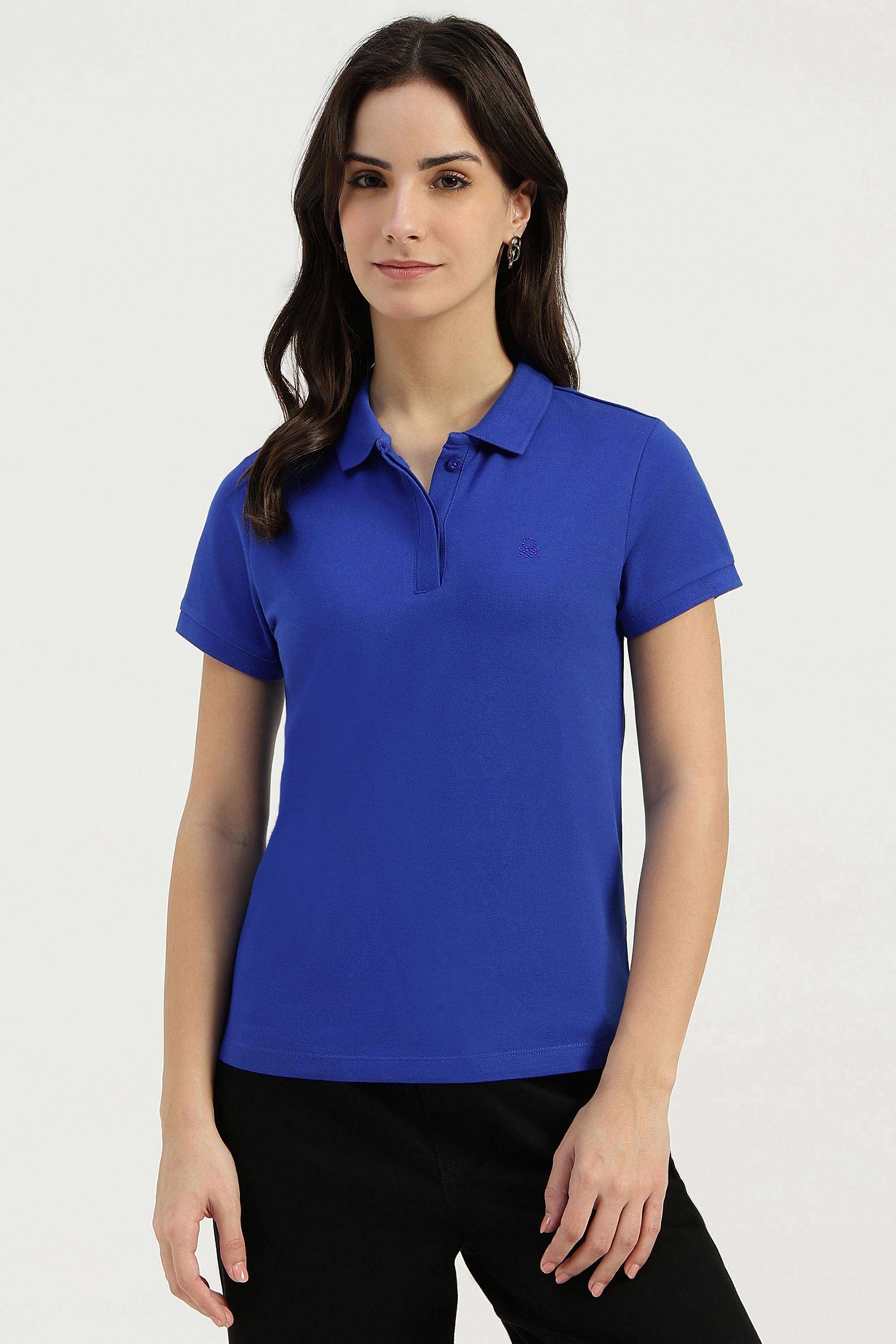 Solid-Blended-Fabric-Polo-Women-s-T-Shirt