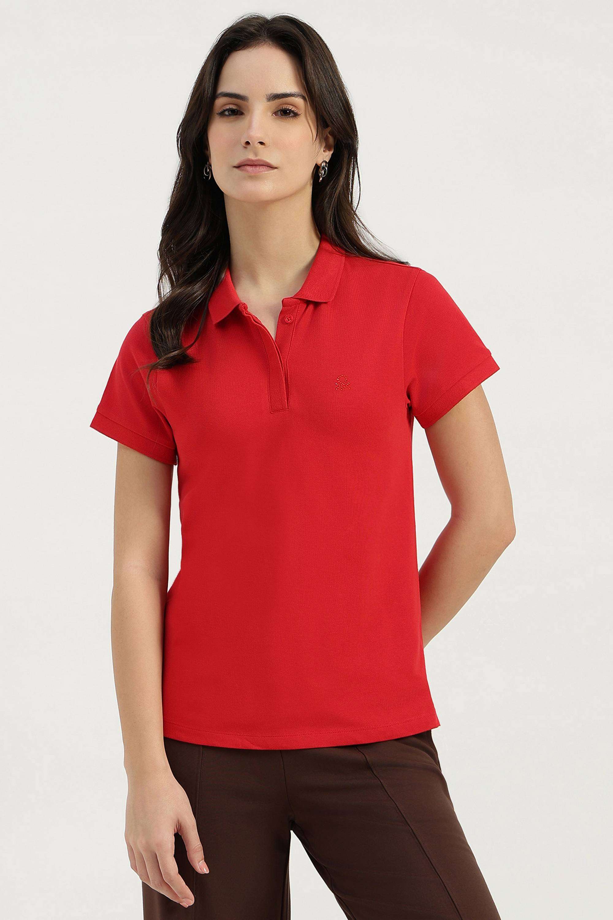 Solid-Blended-Fabric-Polo-Women-s-T-Shirt