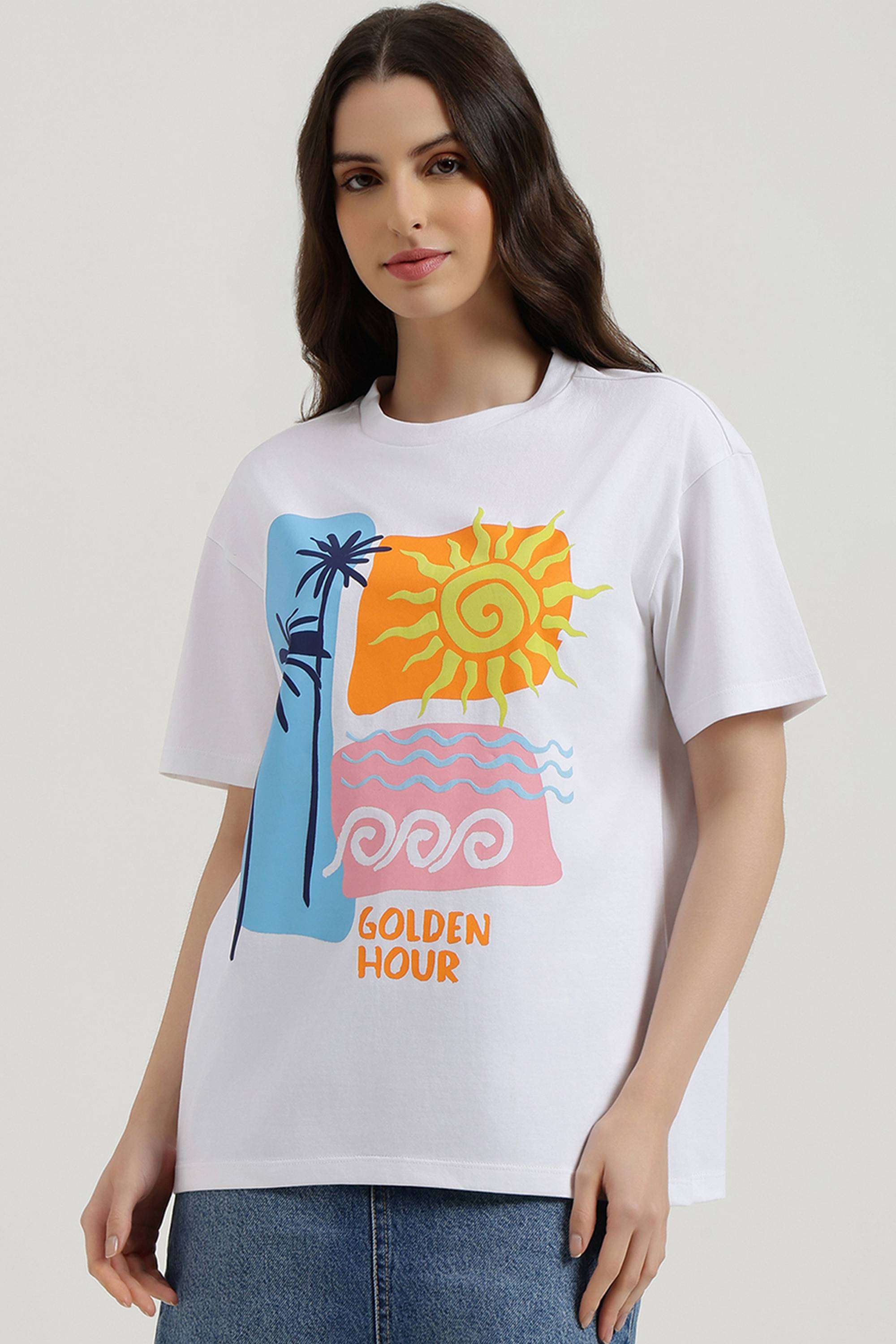 Solid-Cotton-Blend-Round-Neck-Women-s-Top