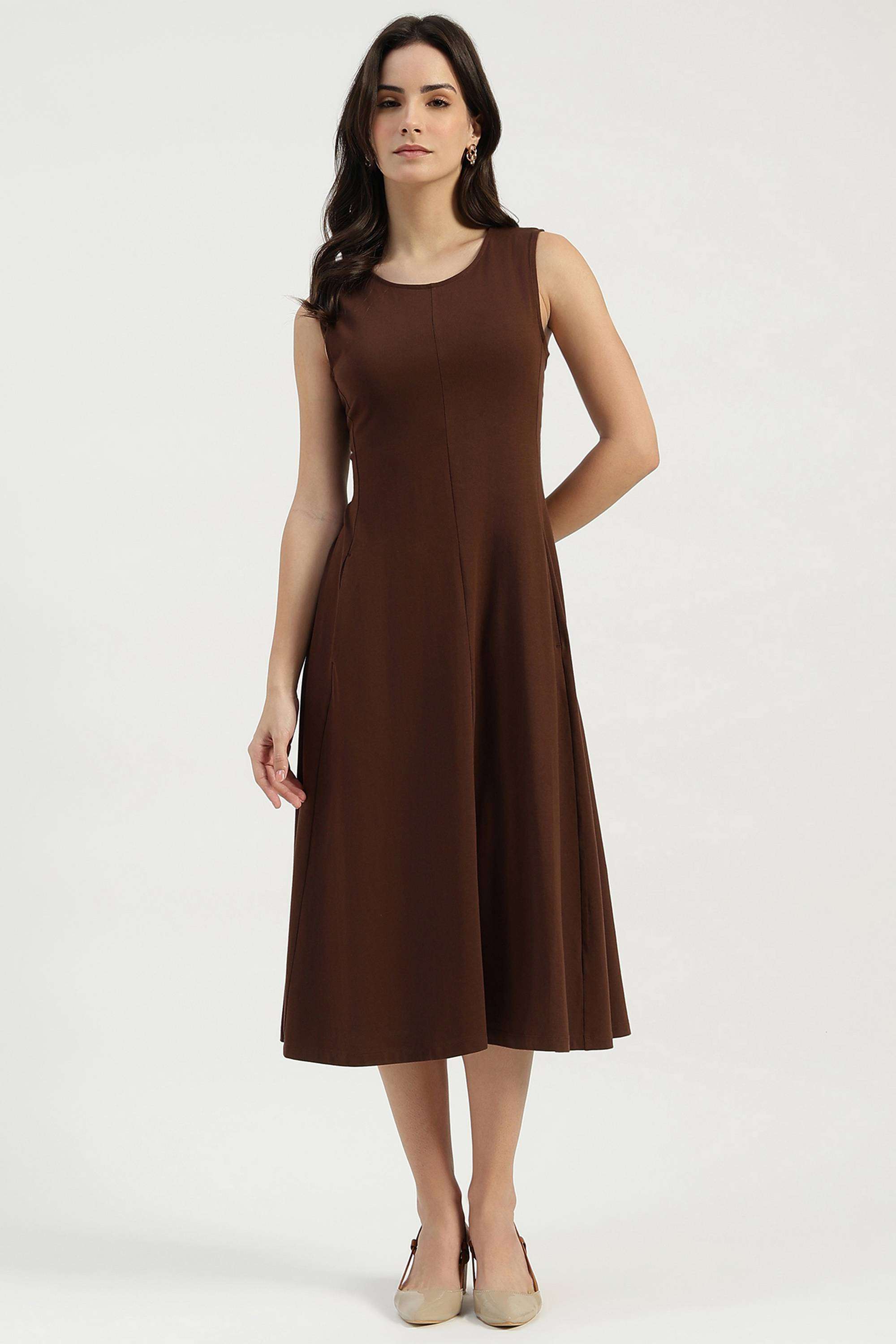 Solid-Round-Neck-Blended-Fabric-Women-Dress