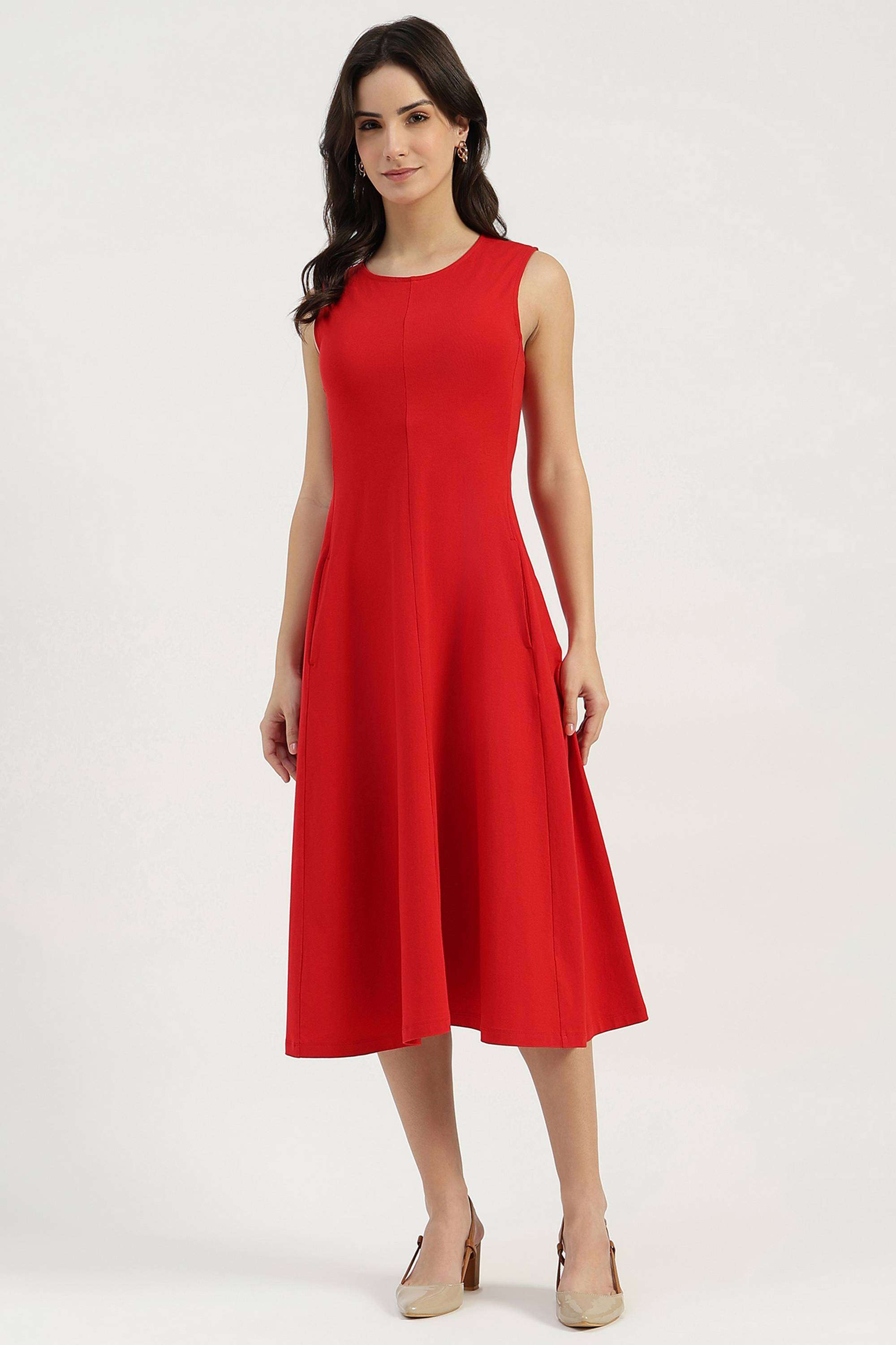 Solid-Round-Neck-Blended-Fabric-Women-Dress