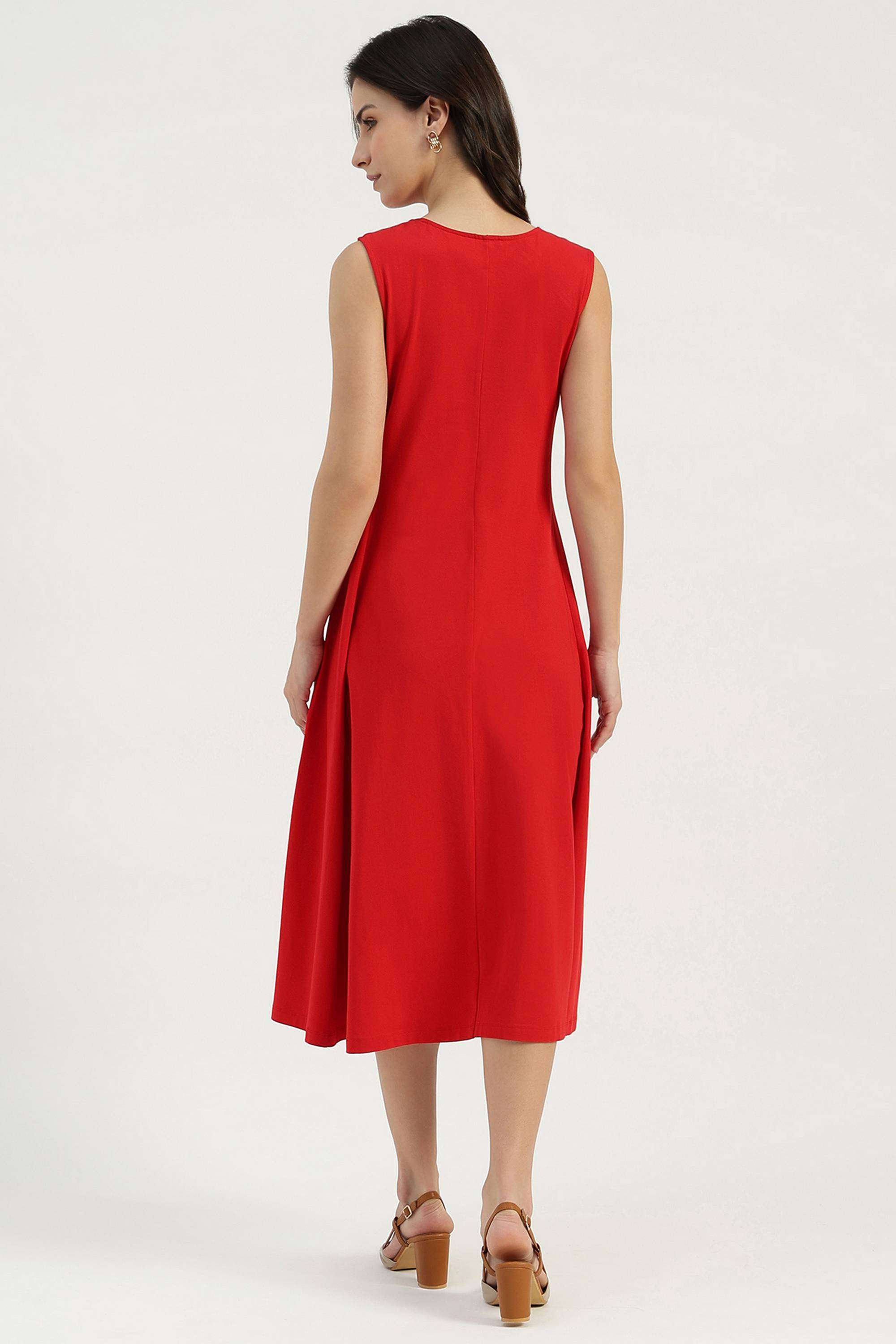 Solid-Round-Neck-Blended-Fabric-Women-Dress