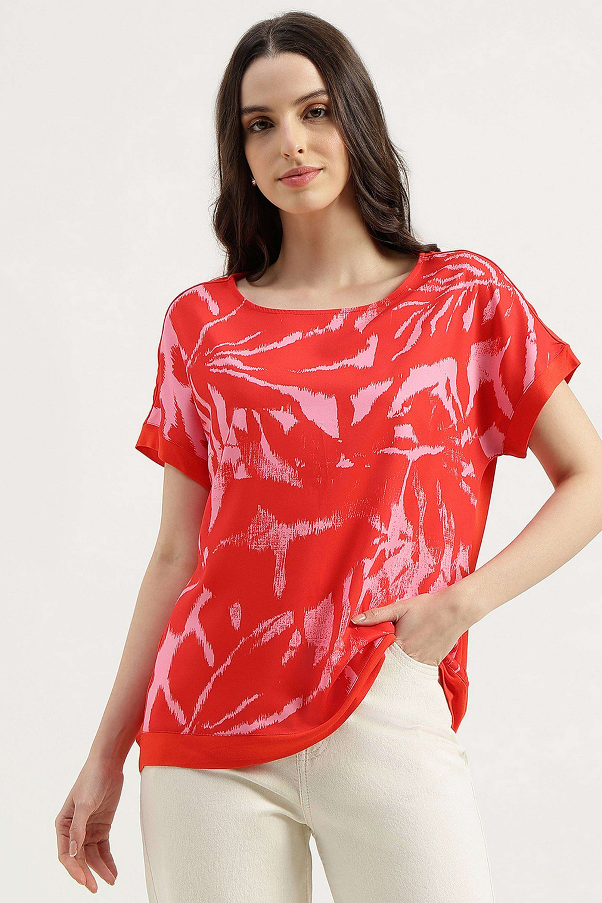Printed-Blended-Fabric-Round-Neck-Women-s-Top