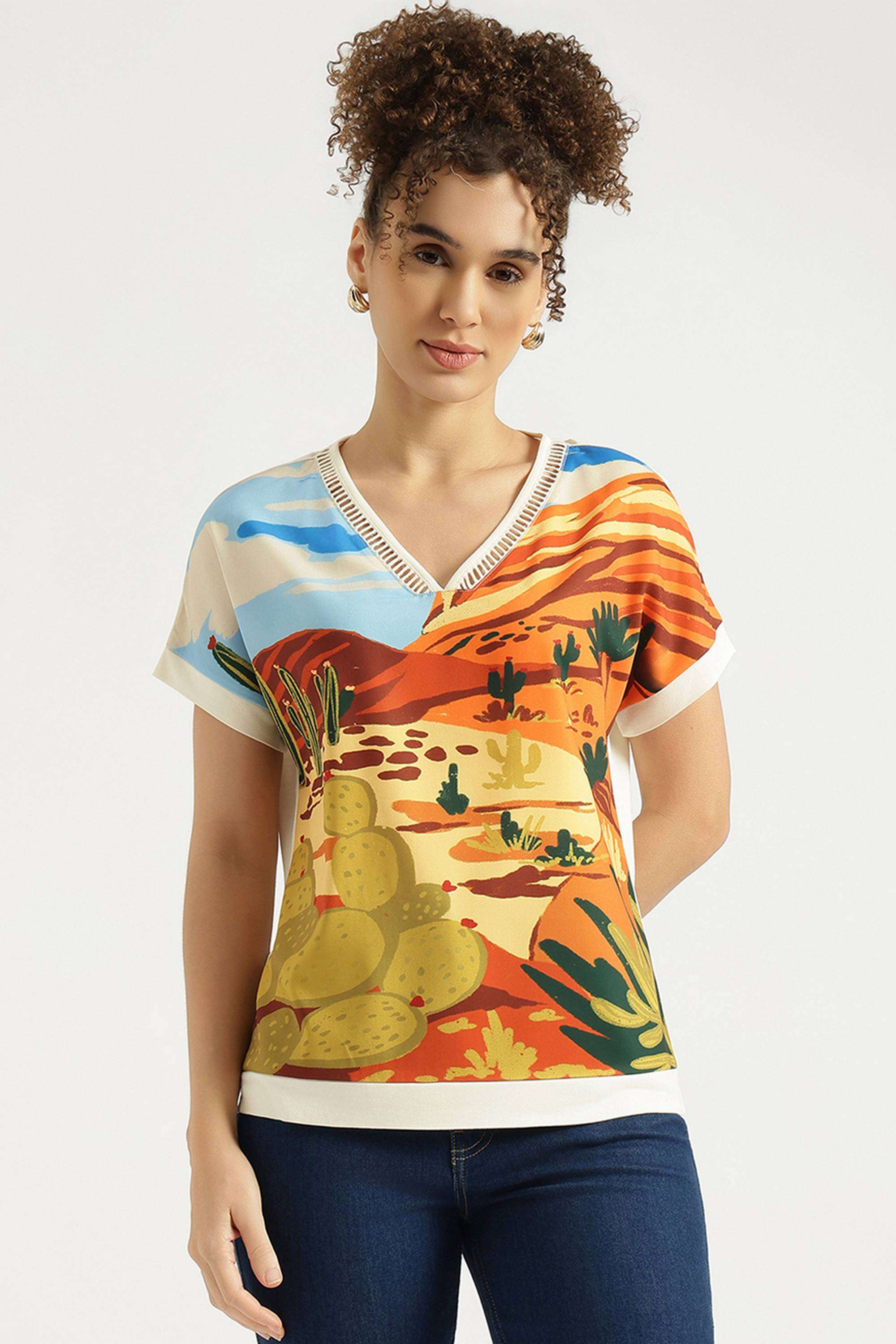 Printed-Blended-Fabric-Round-Neck-Women-s-Top