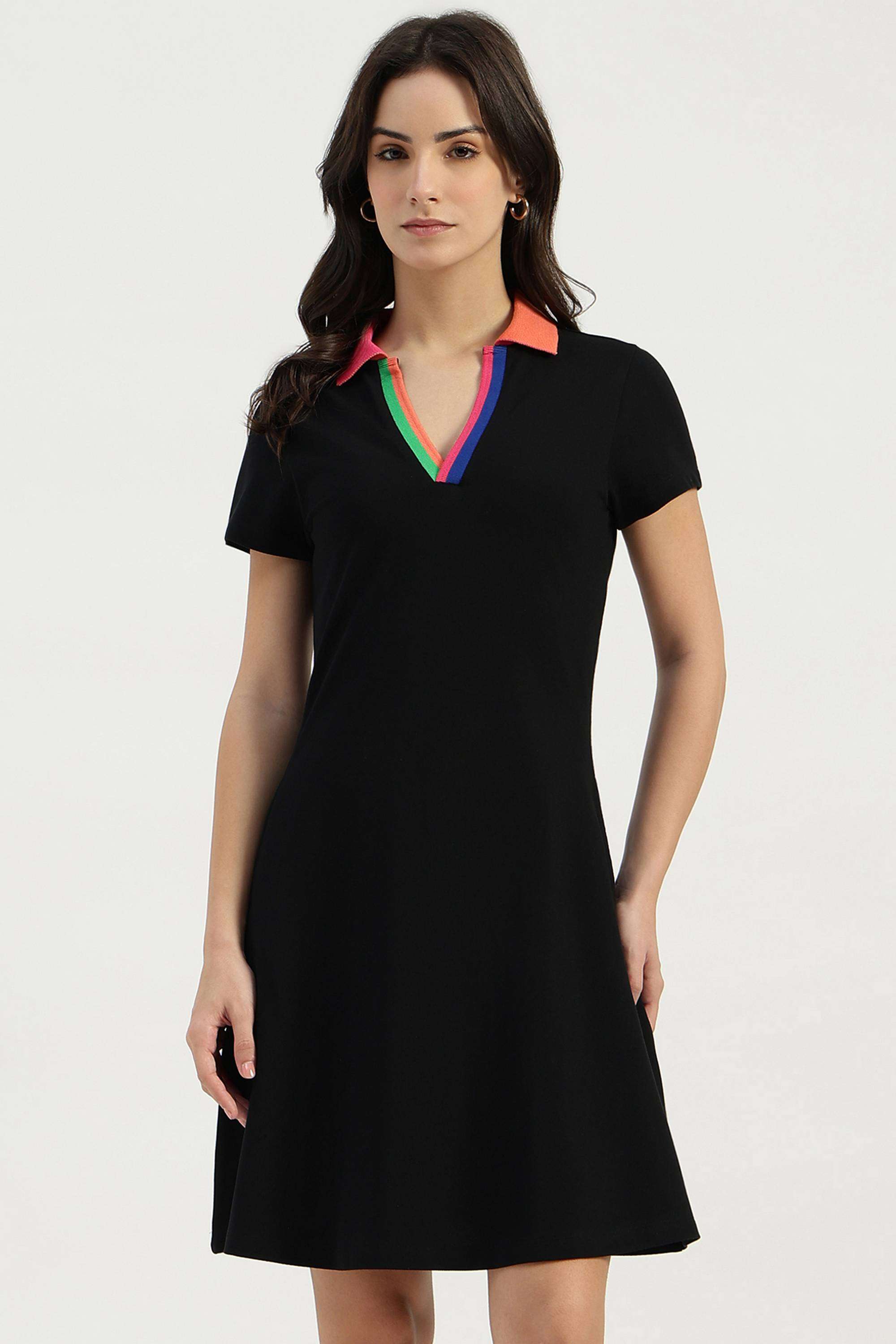 Solid-Collared-Blended-Fabric-Women-Dress