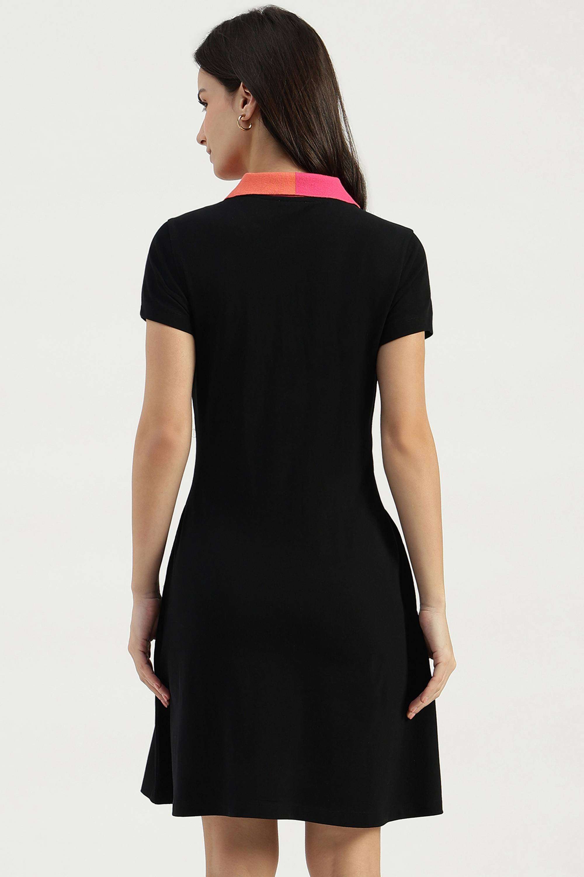 Solid-Collared-Blended-Fabric-Women-Dress