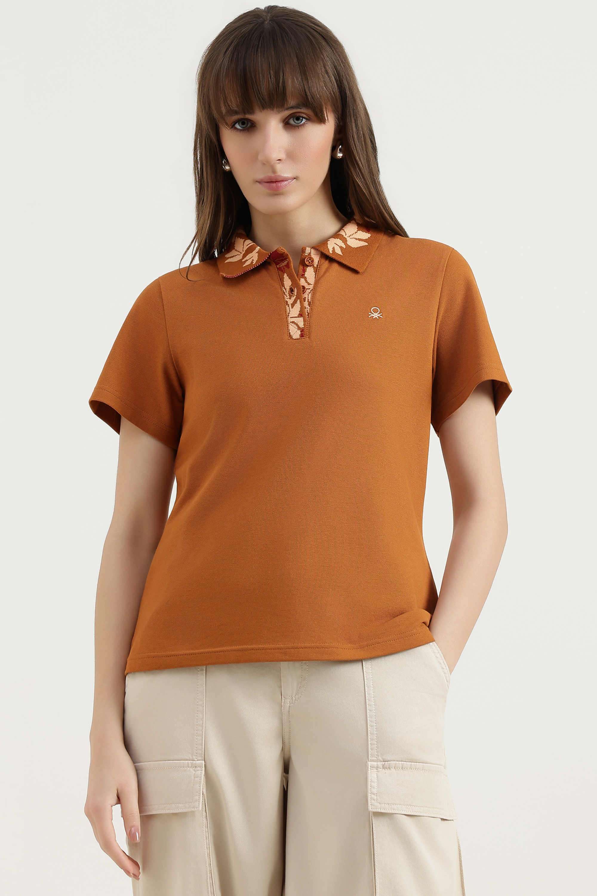 Solid-Blended-Fabric-Polo-Women-s-T-Shirt