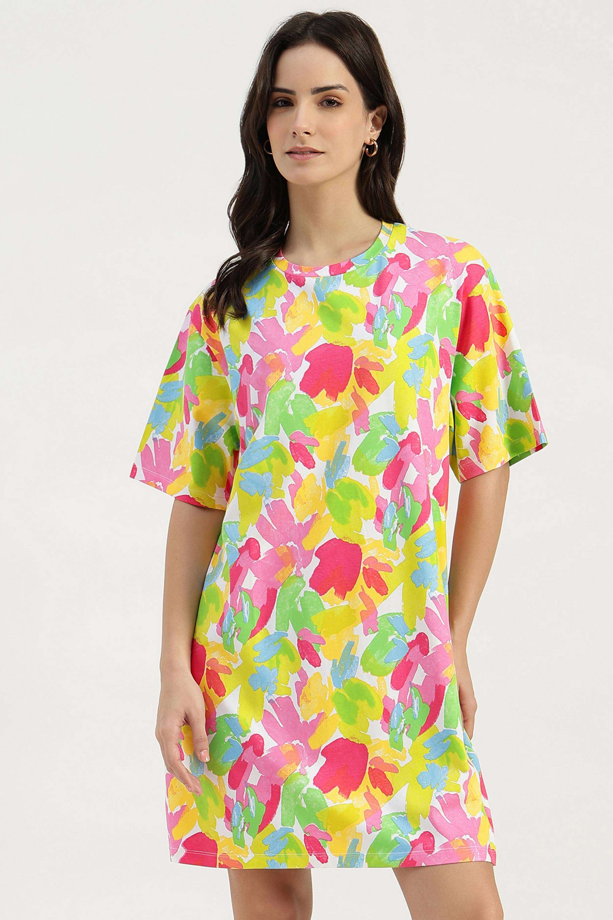 Printed-Round-Neck-Blended-Fabric-Women-Dress