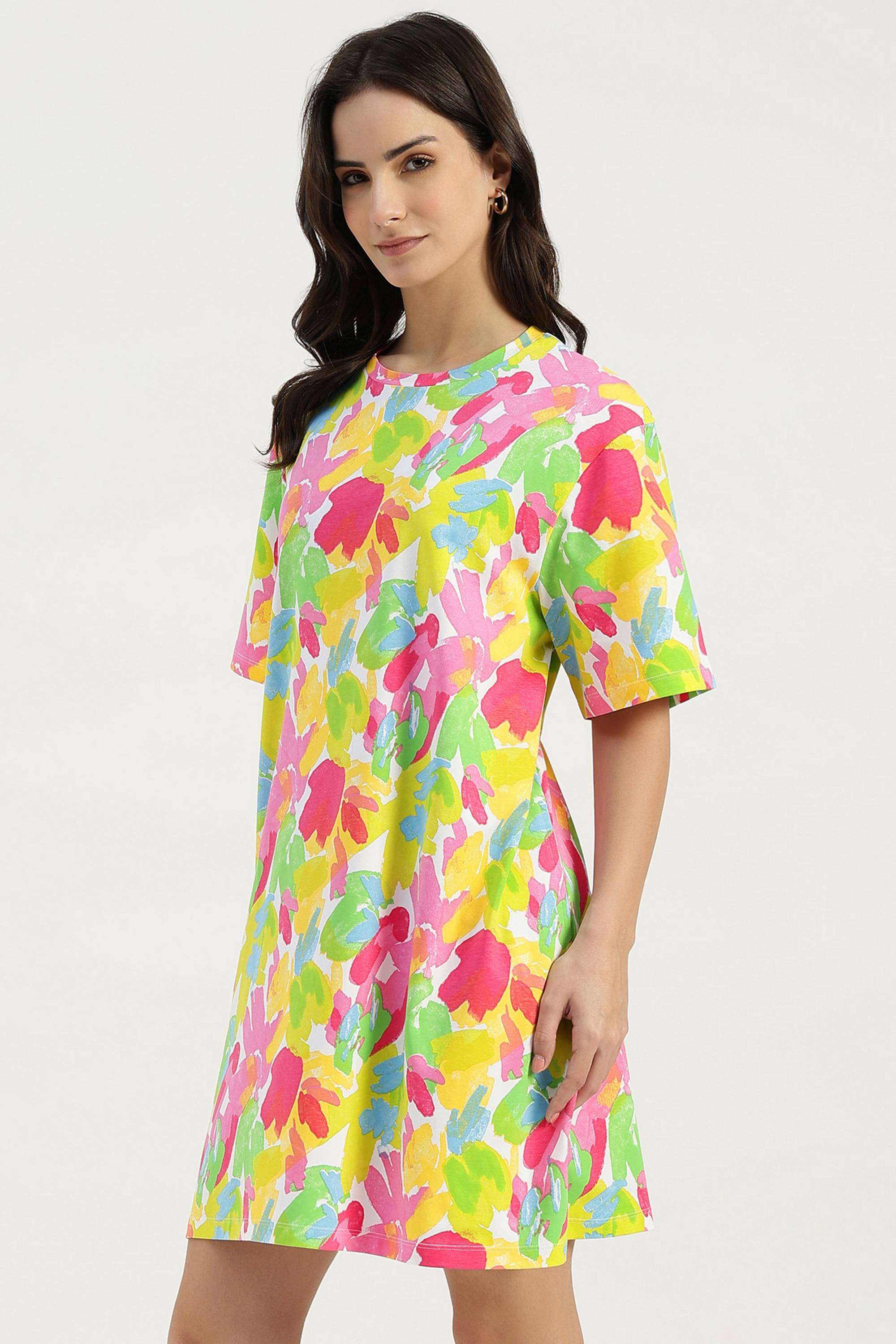 Printed-Round-Neck-Blended-Fabric-Women-Dress