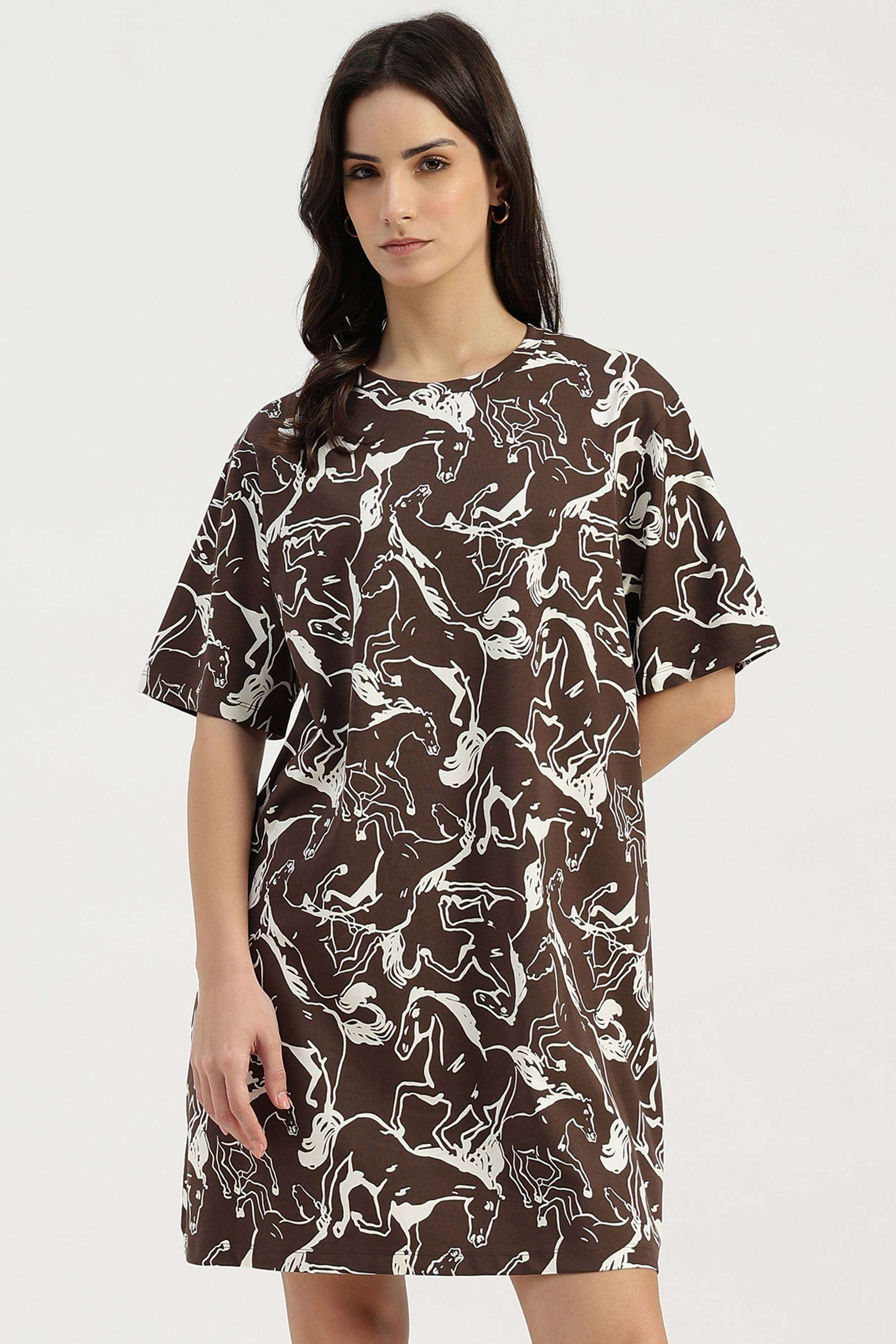 Printed-Round-Neck-Blended-Fabric-Women-Dress