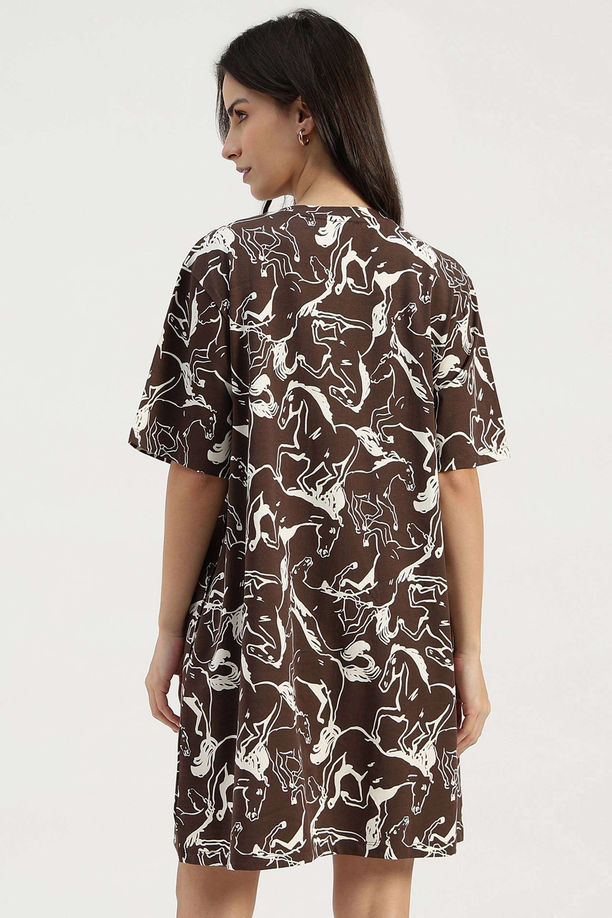 Printed-Round-Neck-Blended-Fabric-Women-Dress