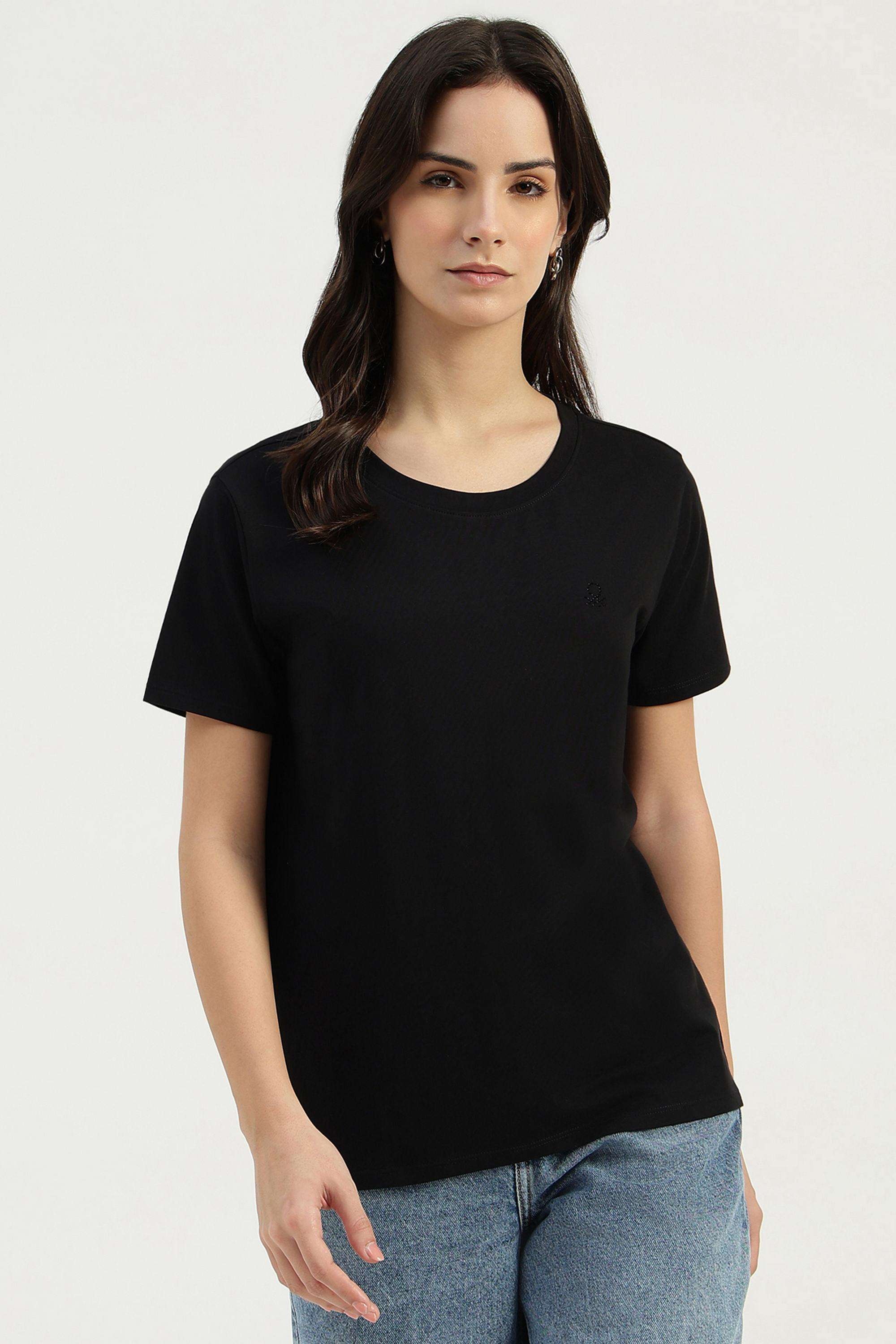 Solid-Blended-Fabric-Round-Neck-Women-s-T-Shirt