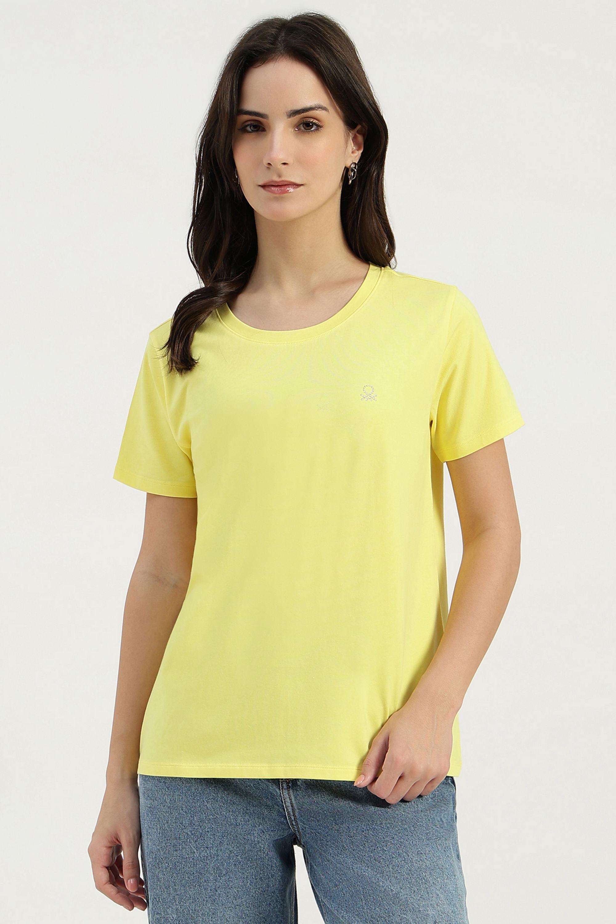 Solid-Blended-Fabric-Round-Neck-Women-s-T-Shirt