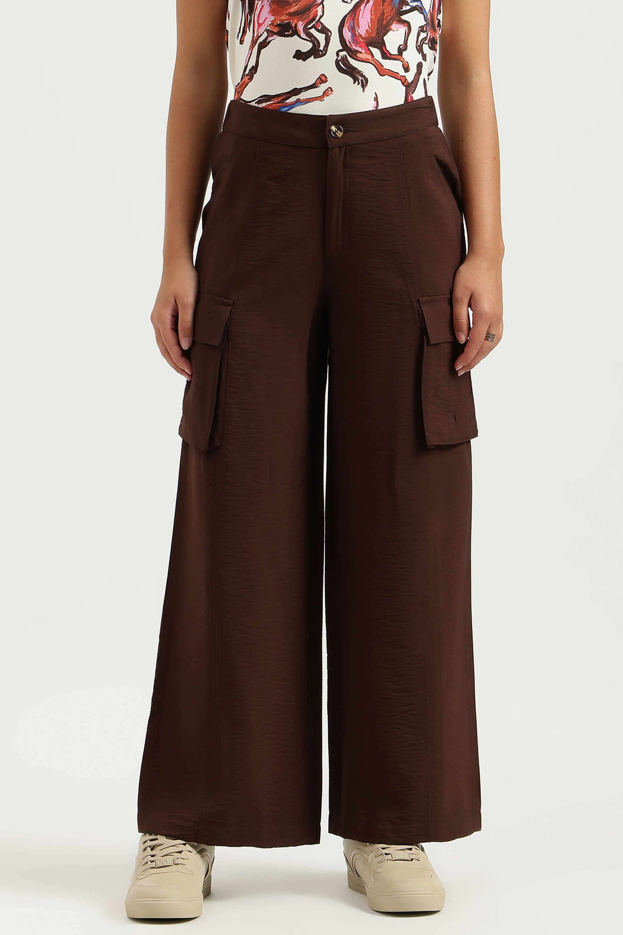 Solid-Blended-Fabric-Straight-Fit-Women-s-Trousers