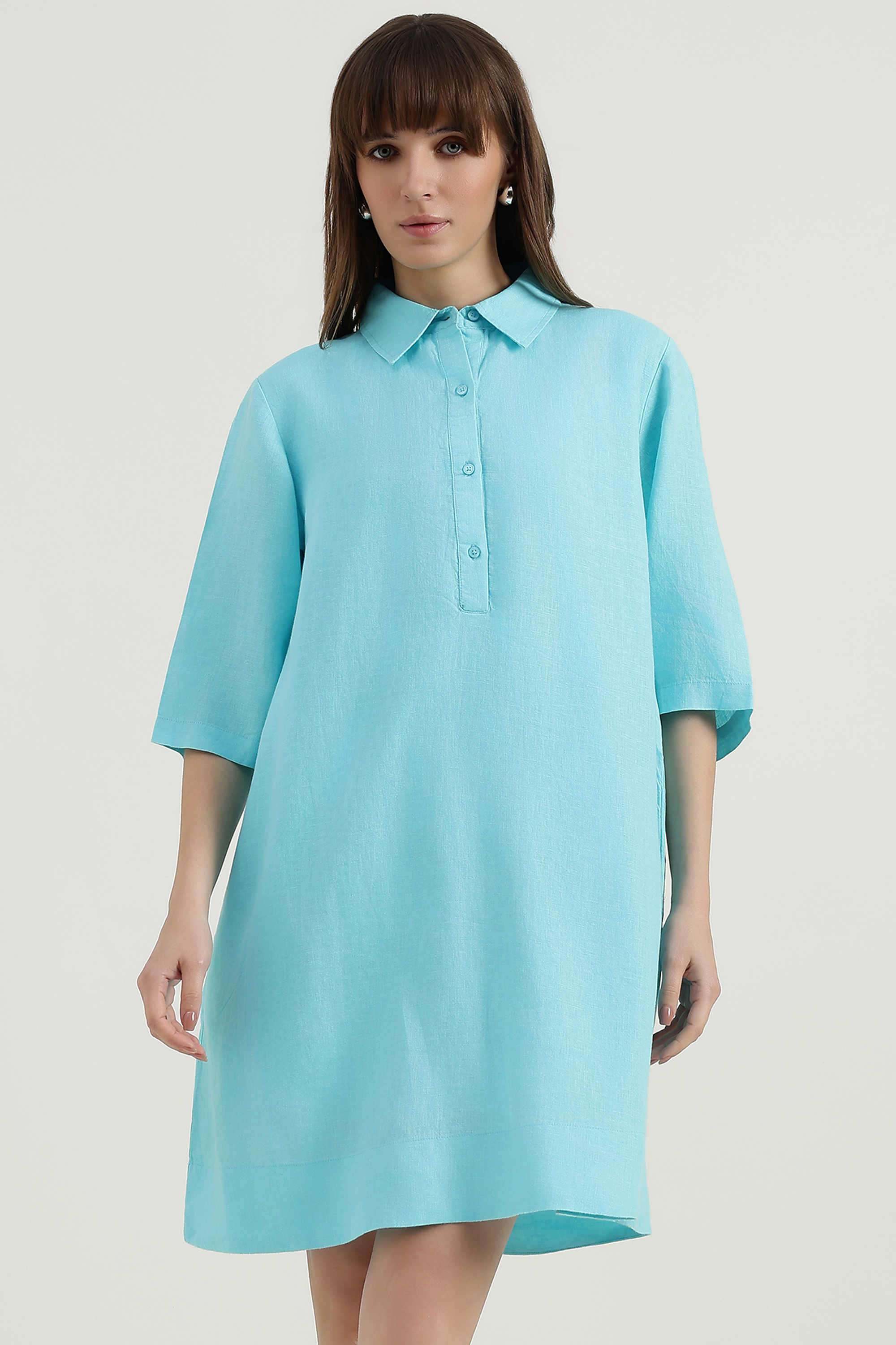 Buy United Colors of Benetton blue Solid Collared Linen Women Dress |  Shoppers Stop