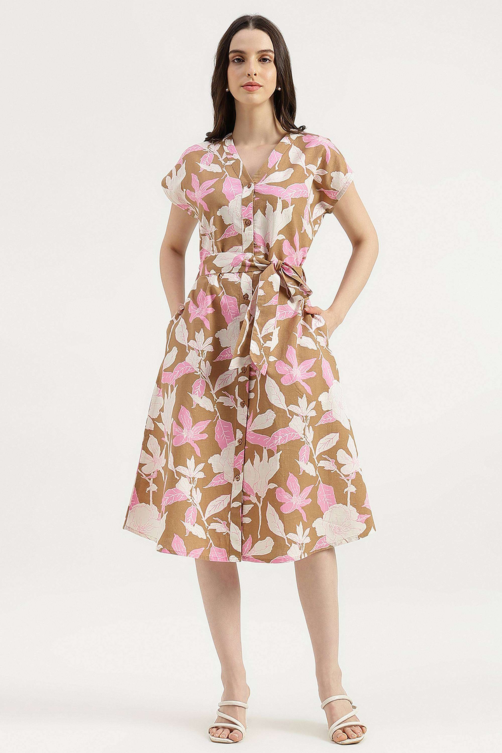 Printed-Collared-Blended-Fabric-Women-Dress
