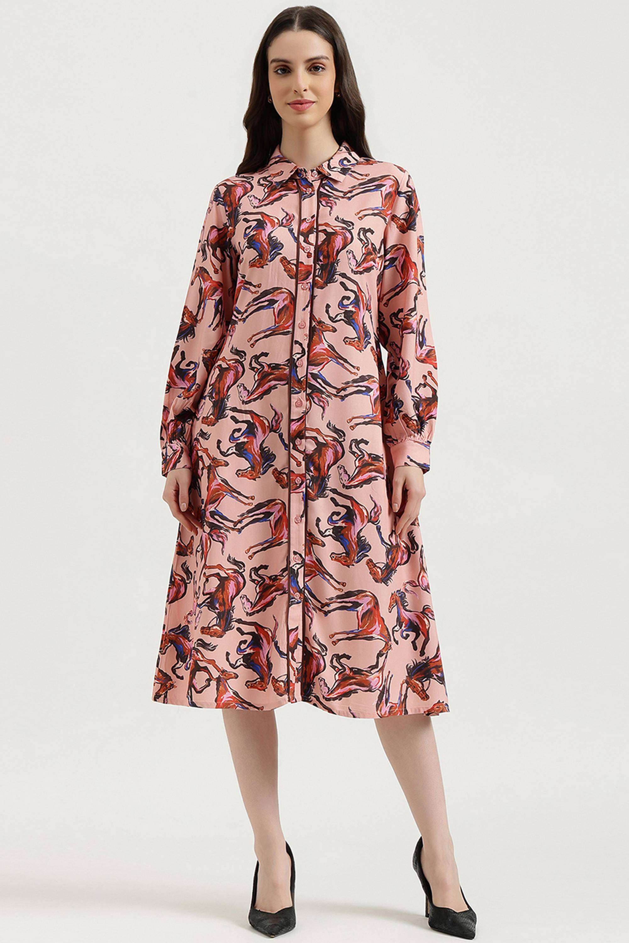 Printed-Collared-Blended-Fabric-Women-Dress