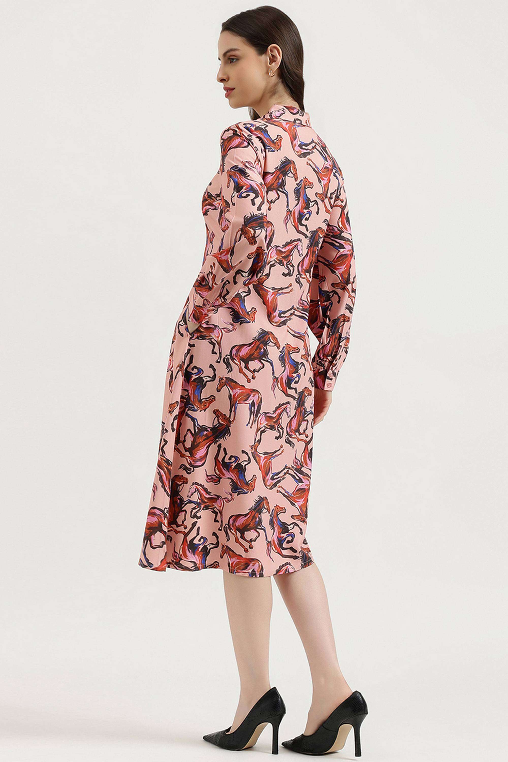 Printed-Collared-Blended-Fabric-Women-Dress