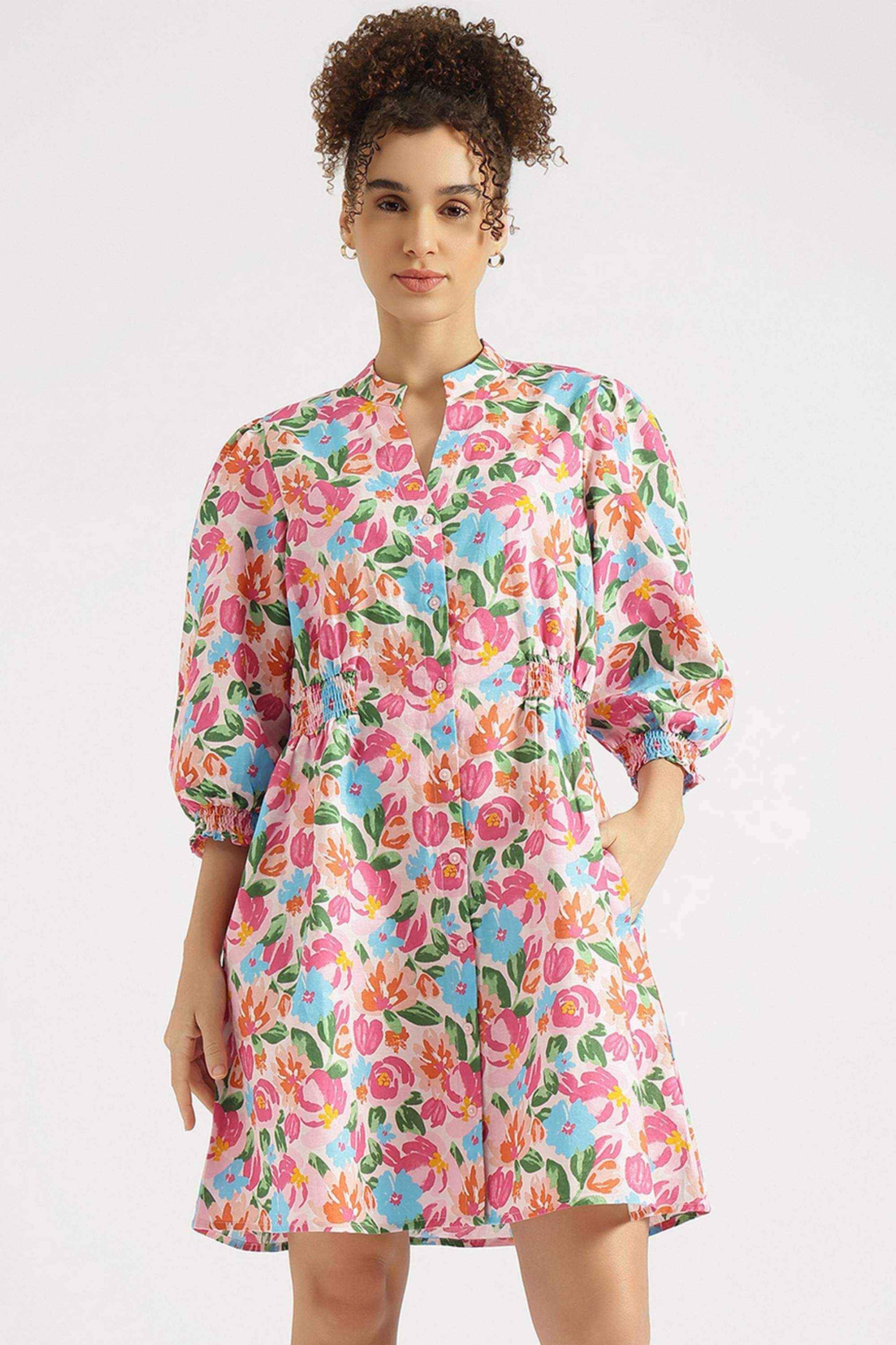 Printed-V-Neck-Blended-Fabric-Women-Dress
