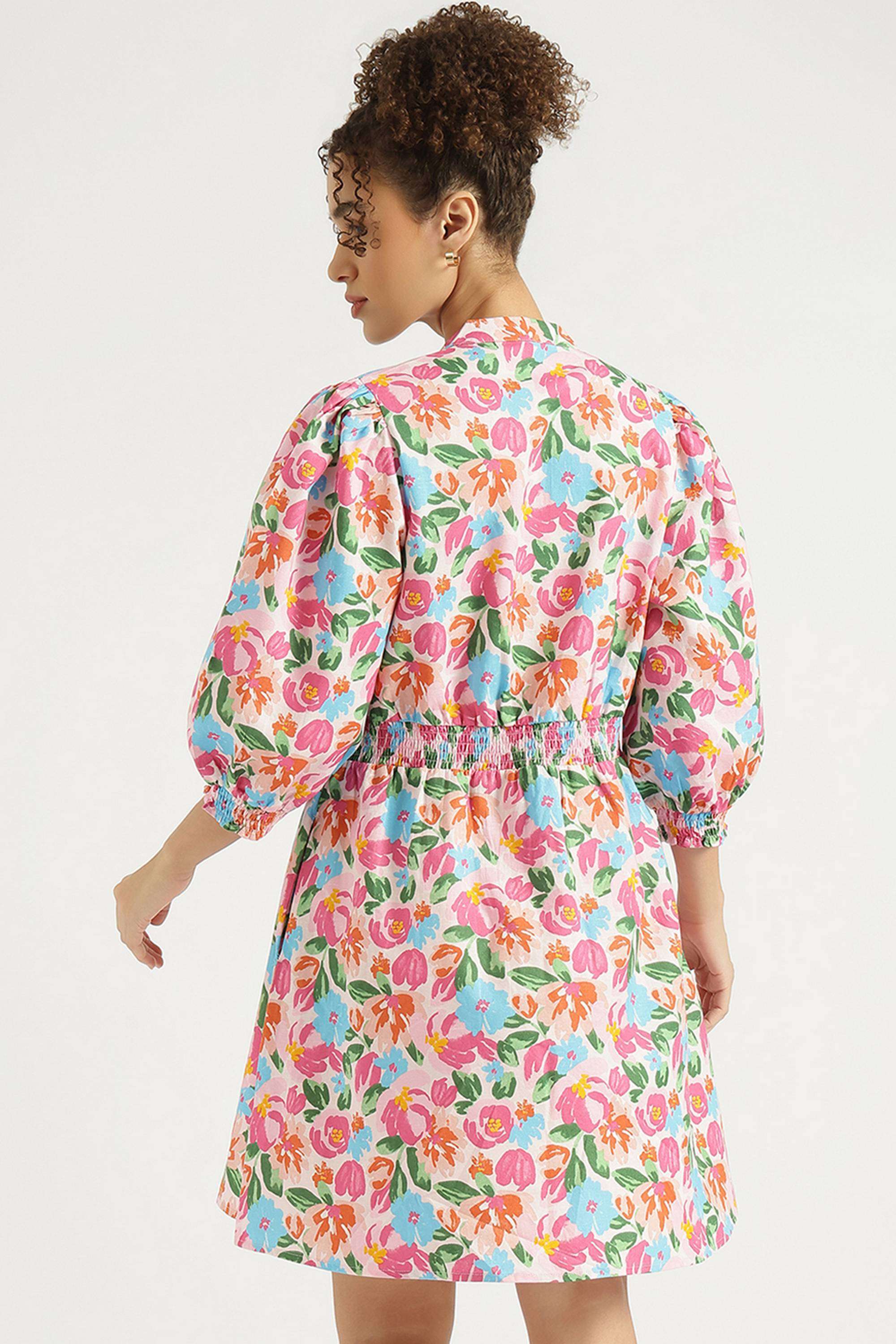 Printed-V-Neck-Blended-Fabric-Women-Dress