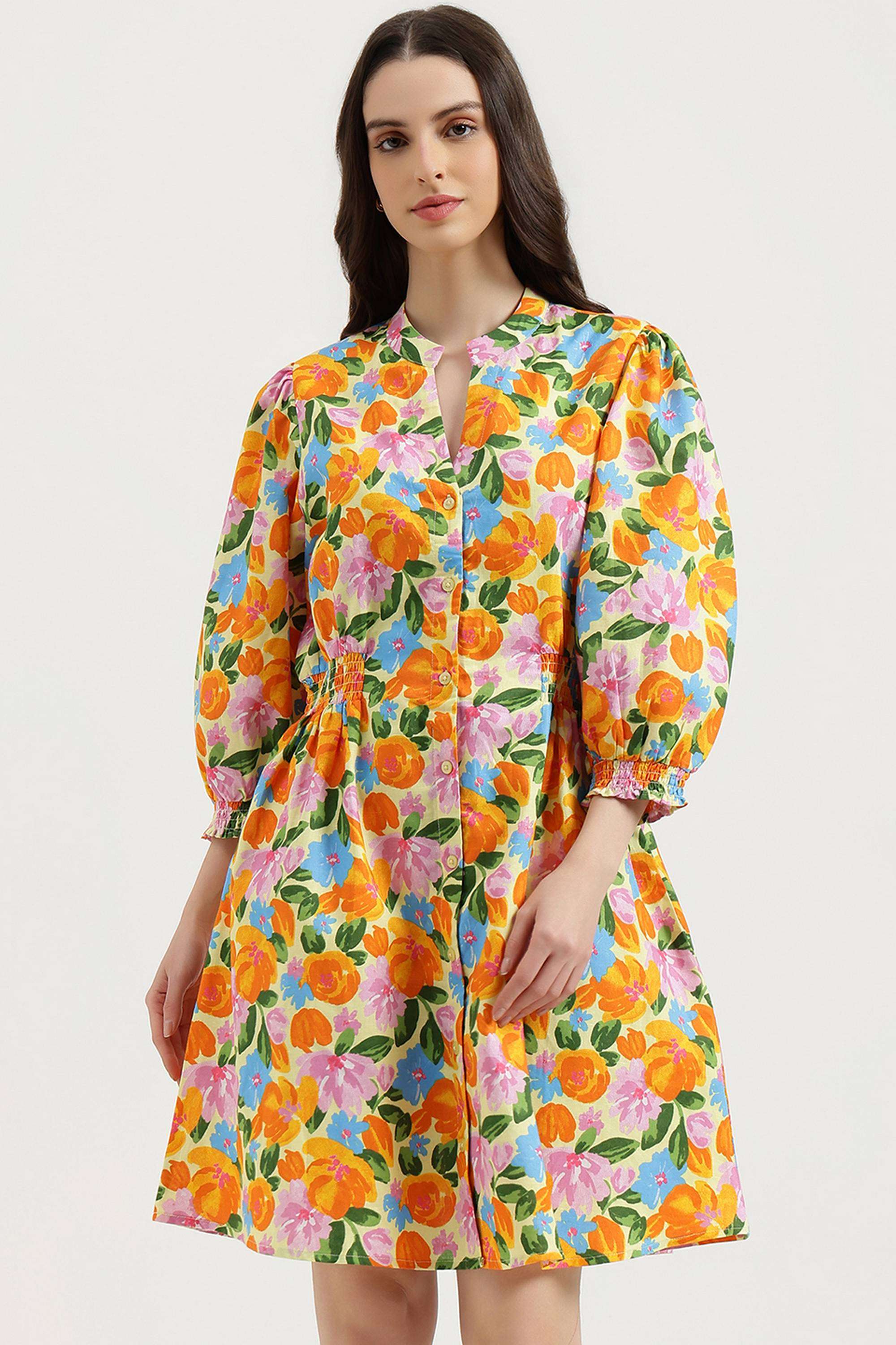 Printed-V-Neck-Blended-Fabric-Women-Dress