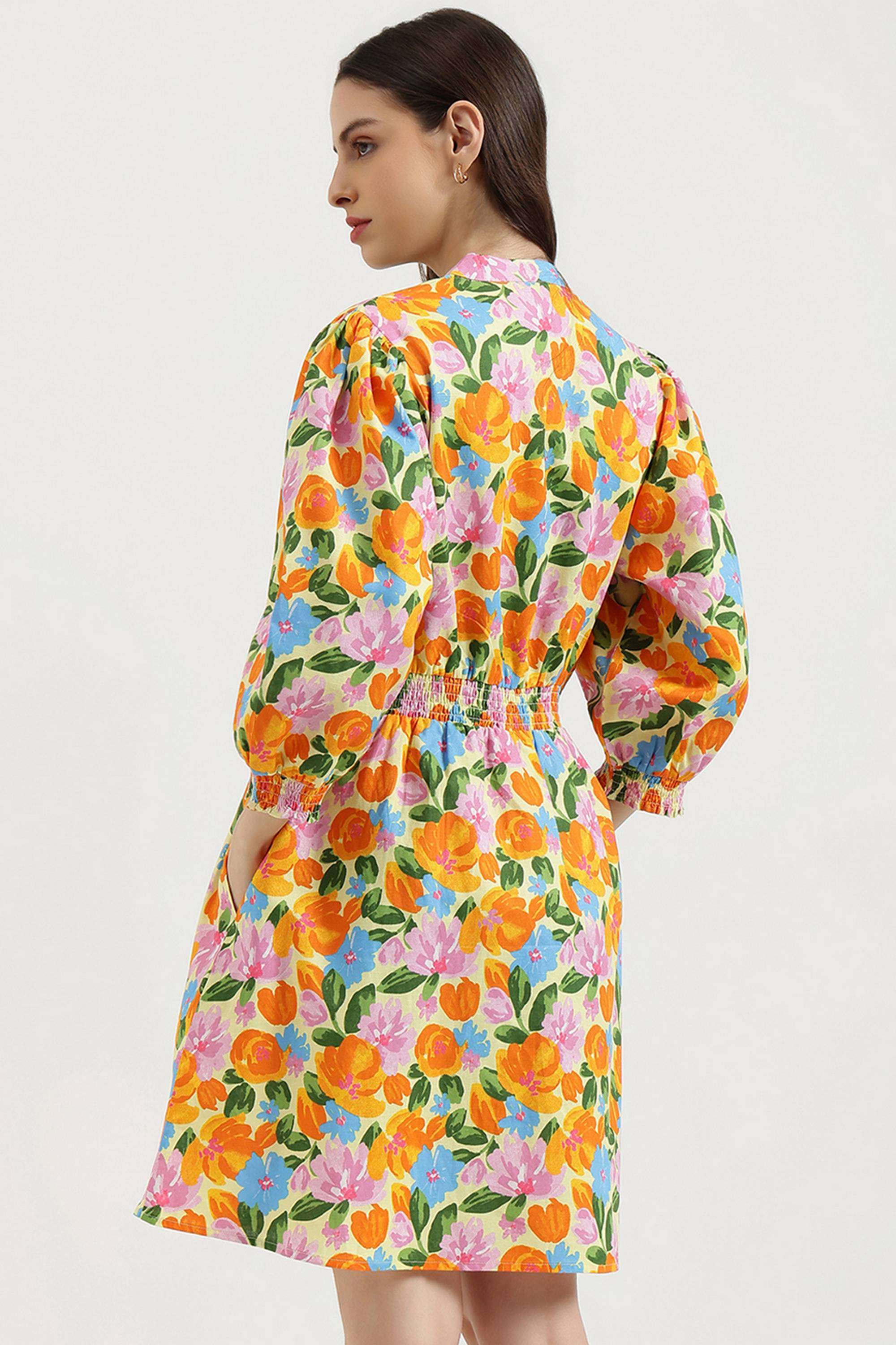 Printed-V-Neck-Blended-Fabric-Women-Dress