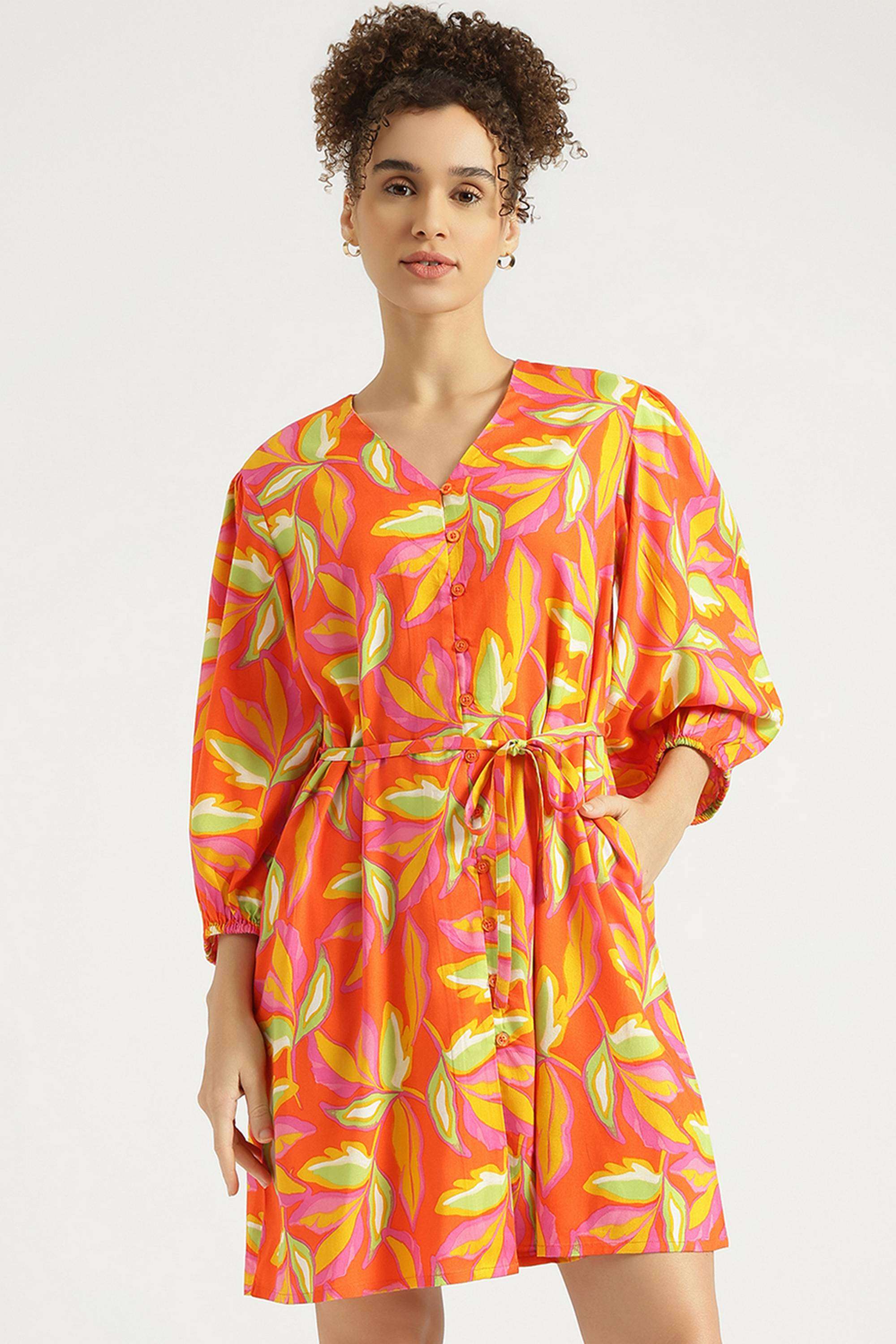 Printed-V-Neck-Blended-Fabric-Women-Dress